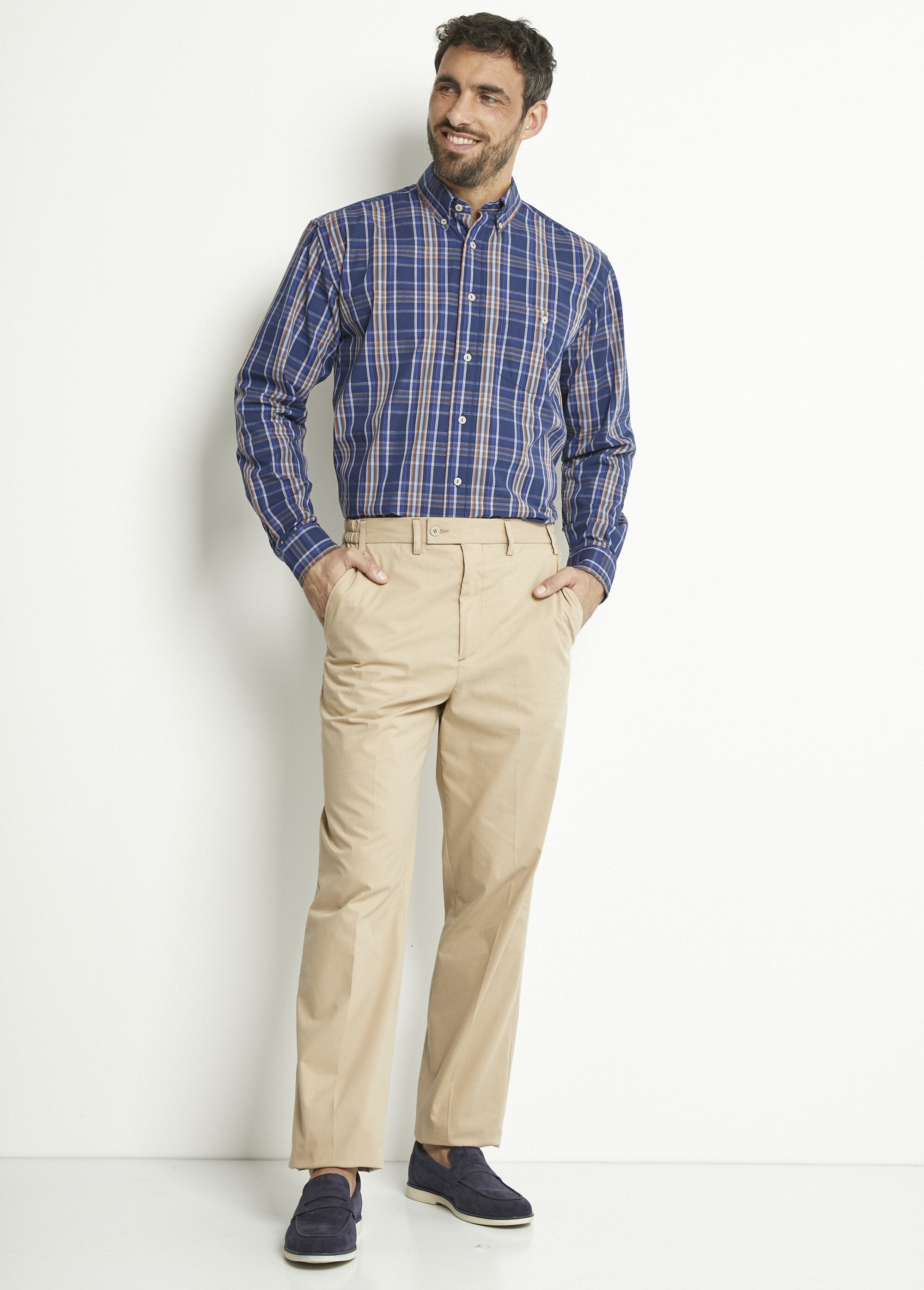 Camisa_de_algodão_lisa_ou_xadrez_de_manga_comprida_Carreaux_bleu_SF1_slim