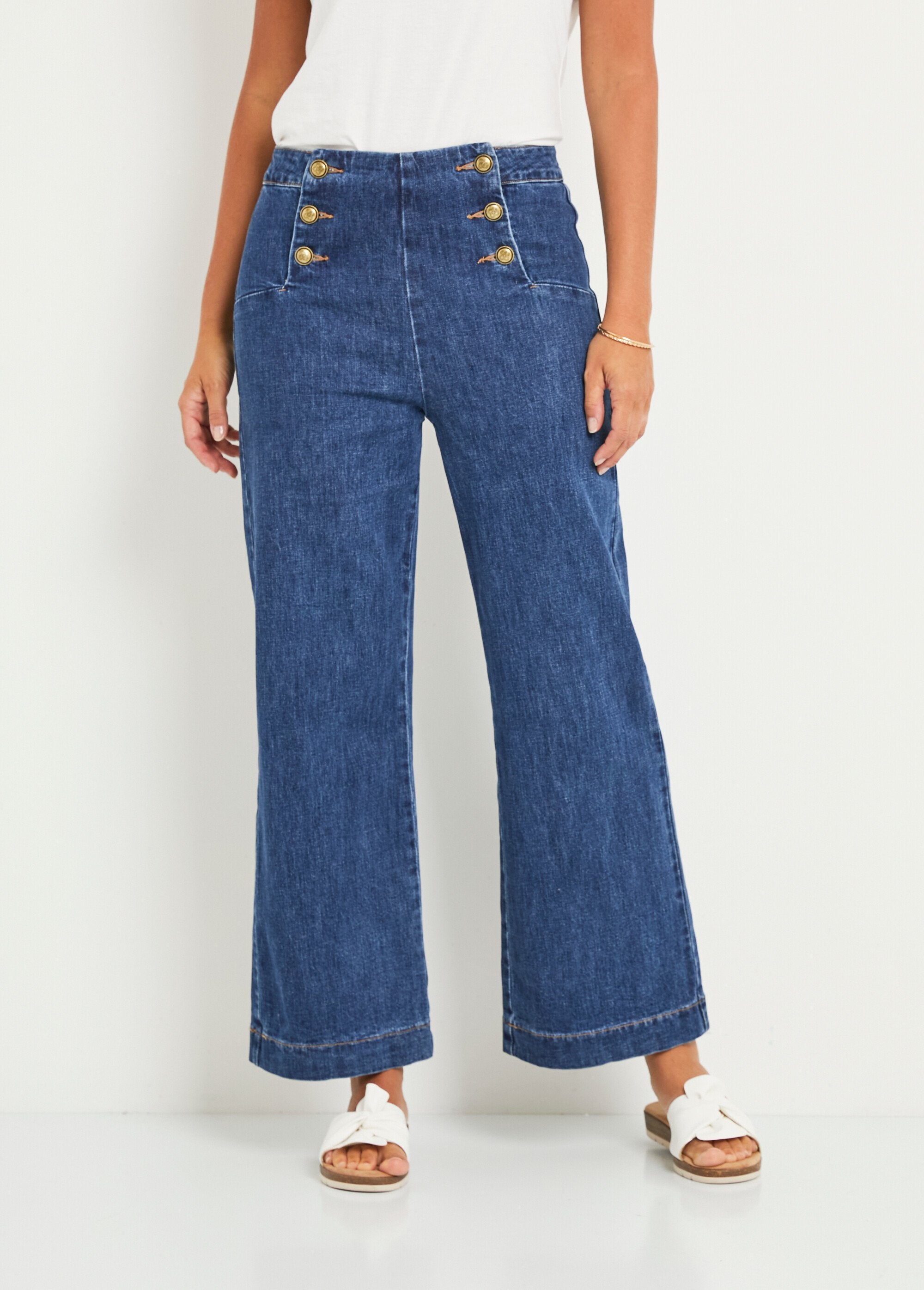 Calça_jeans_flare_com_elastano_e_cintura_efeito_ponte_Bleu_stone_fonce_FA1_slim