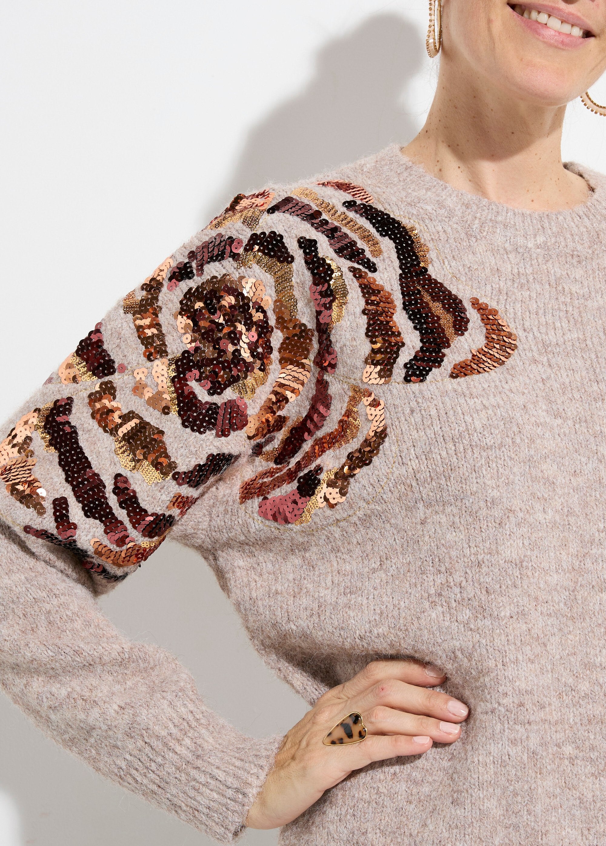 Pull_col_rond,_animation_fleur_sequins_Beige_DE1_slim