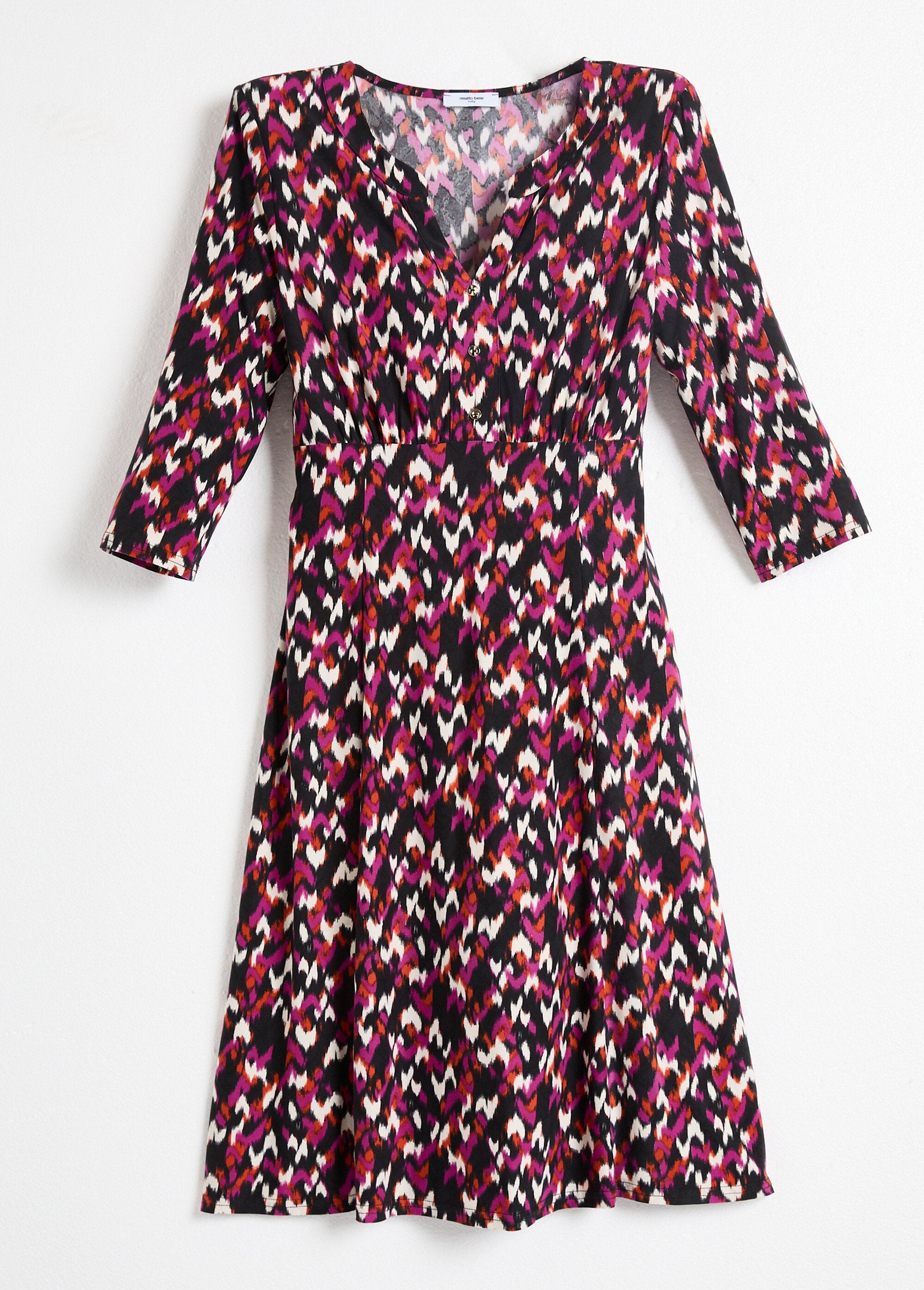 Vestido_curto_e_largo,_mangas_3/4,_estampado_gráfico_Noir_et_fuchsia_AP1_slim