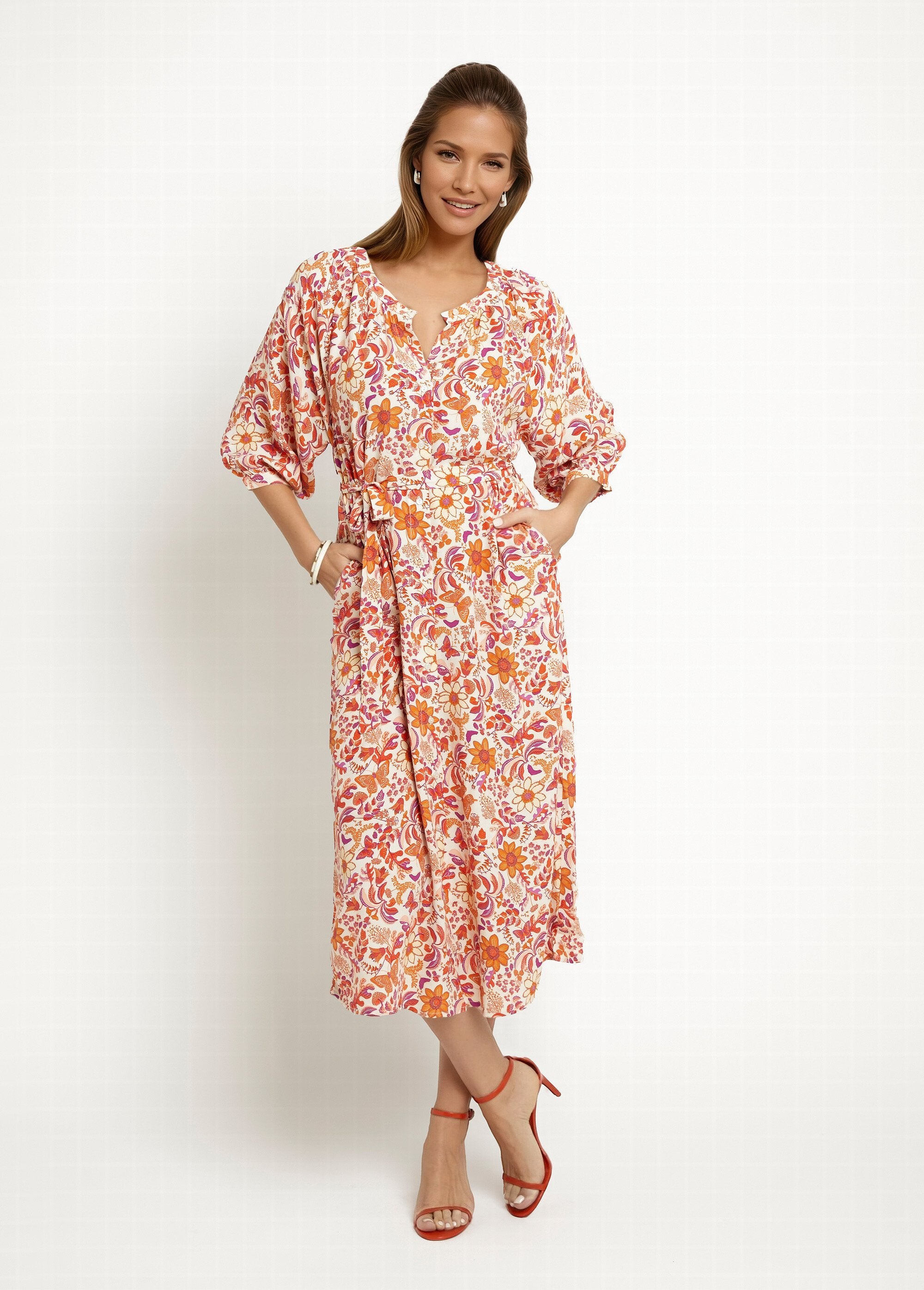 Vestido_longo_abotoado_com_manga_3/4_Orange_imprime_FA1_slim