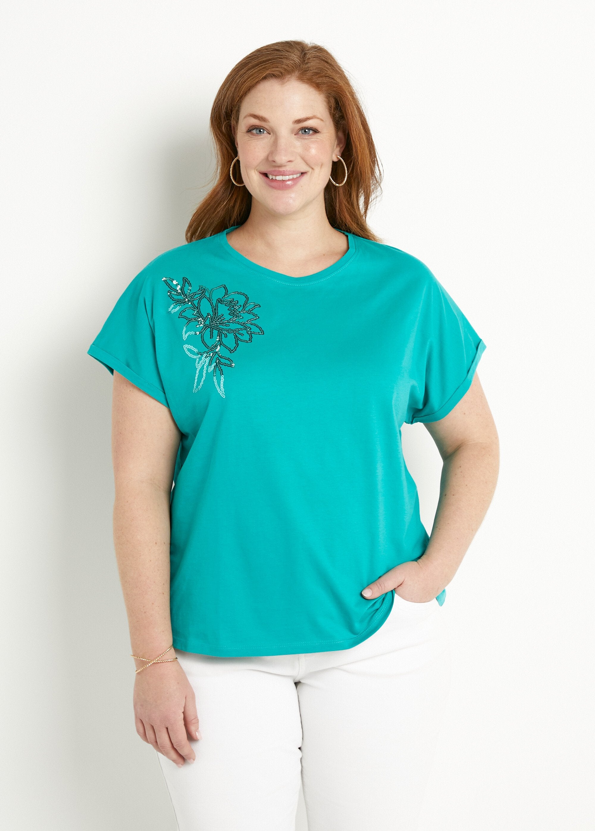 Camiseta_lisa_de_algodão_com_mangas_curtas_e_lantejoulas_Turquoise_FA1_curvy