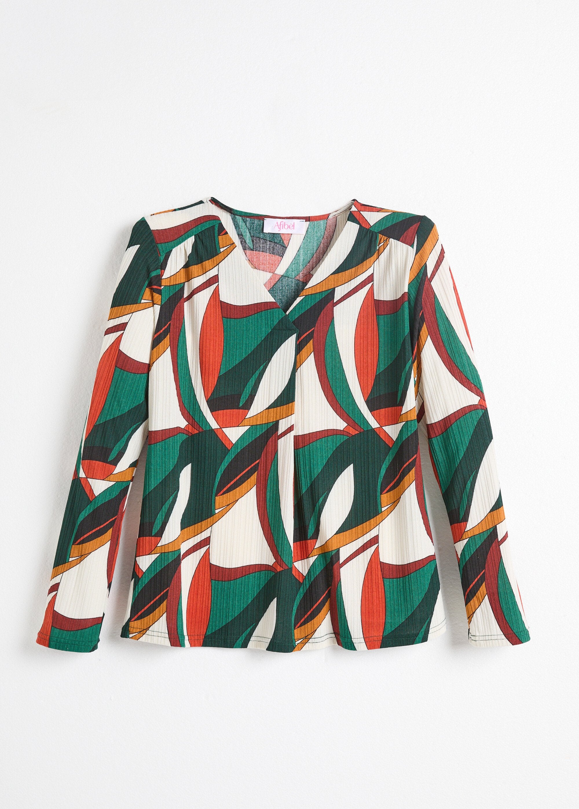 Camiseta_flare_com_estampa_gráfica_multicolorida_e_decote_em_V_Imprime_vert_AP1_slim