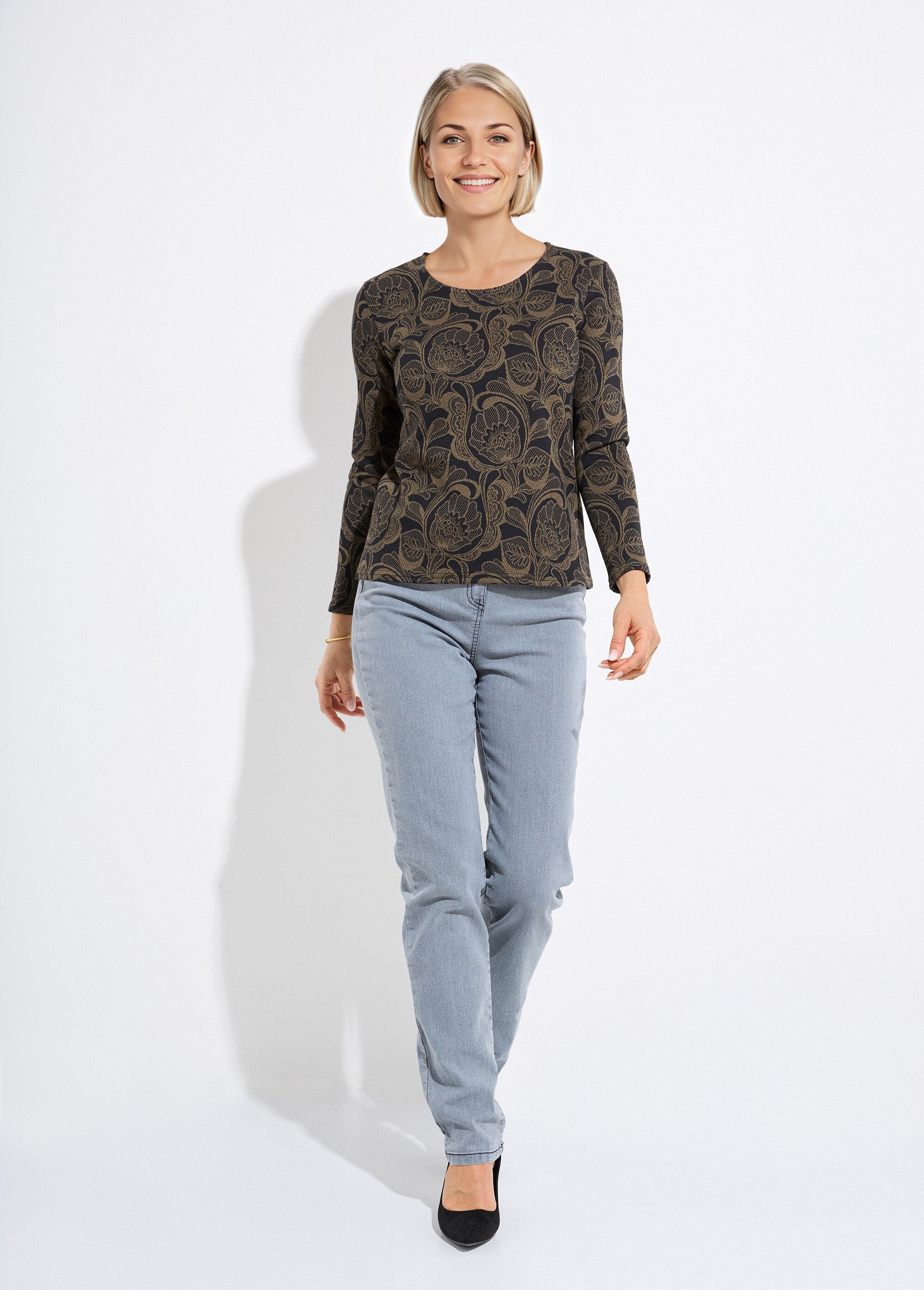 T-shirt_com_gola_redonda_em_jacquard_floral_Noir_et_camel_SF1_slim