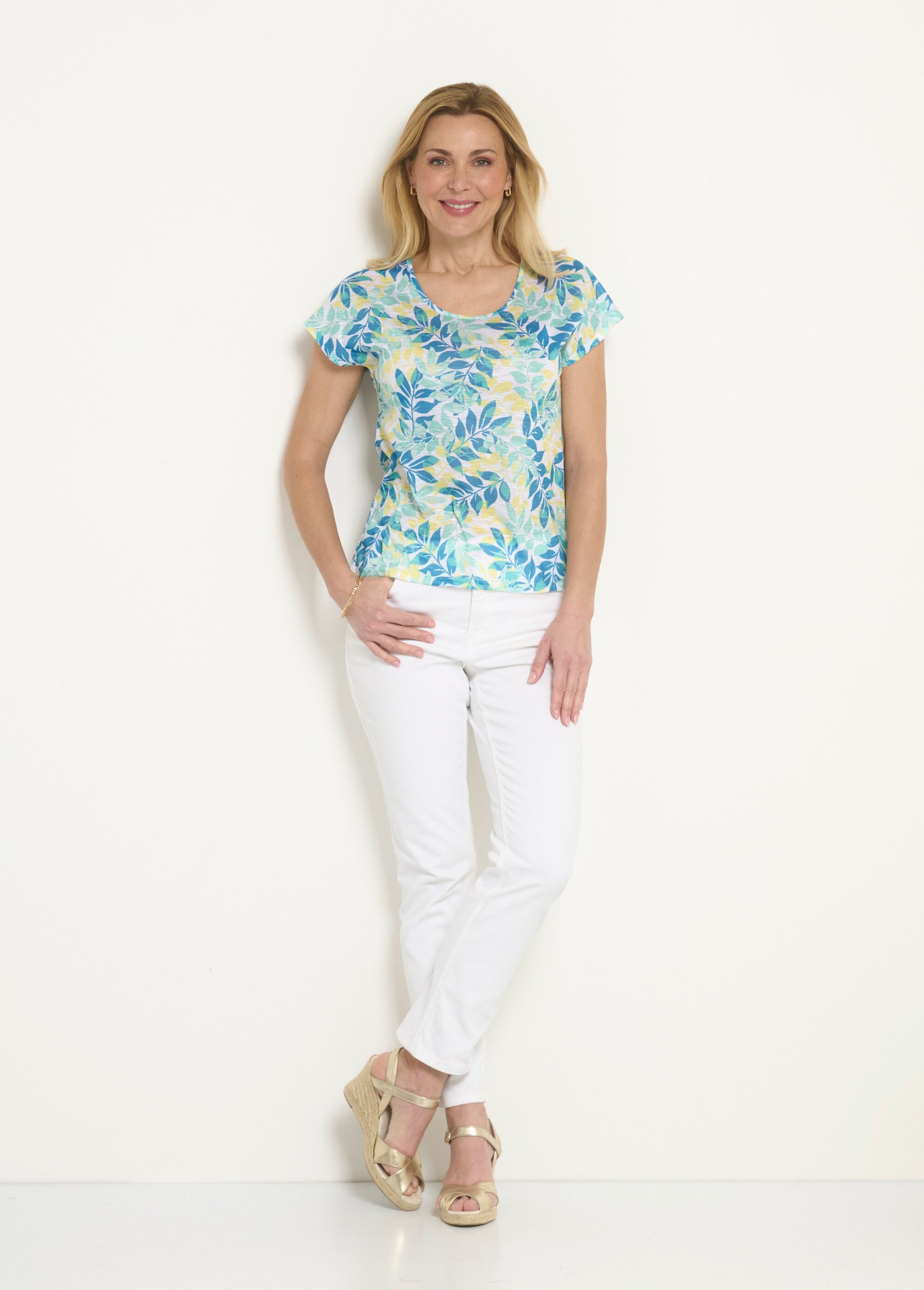 T-shirt_de_manga_curta_e_gola_redonda_com_estampado_de_folhagem_Vert_et_jaune_SF1_slim