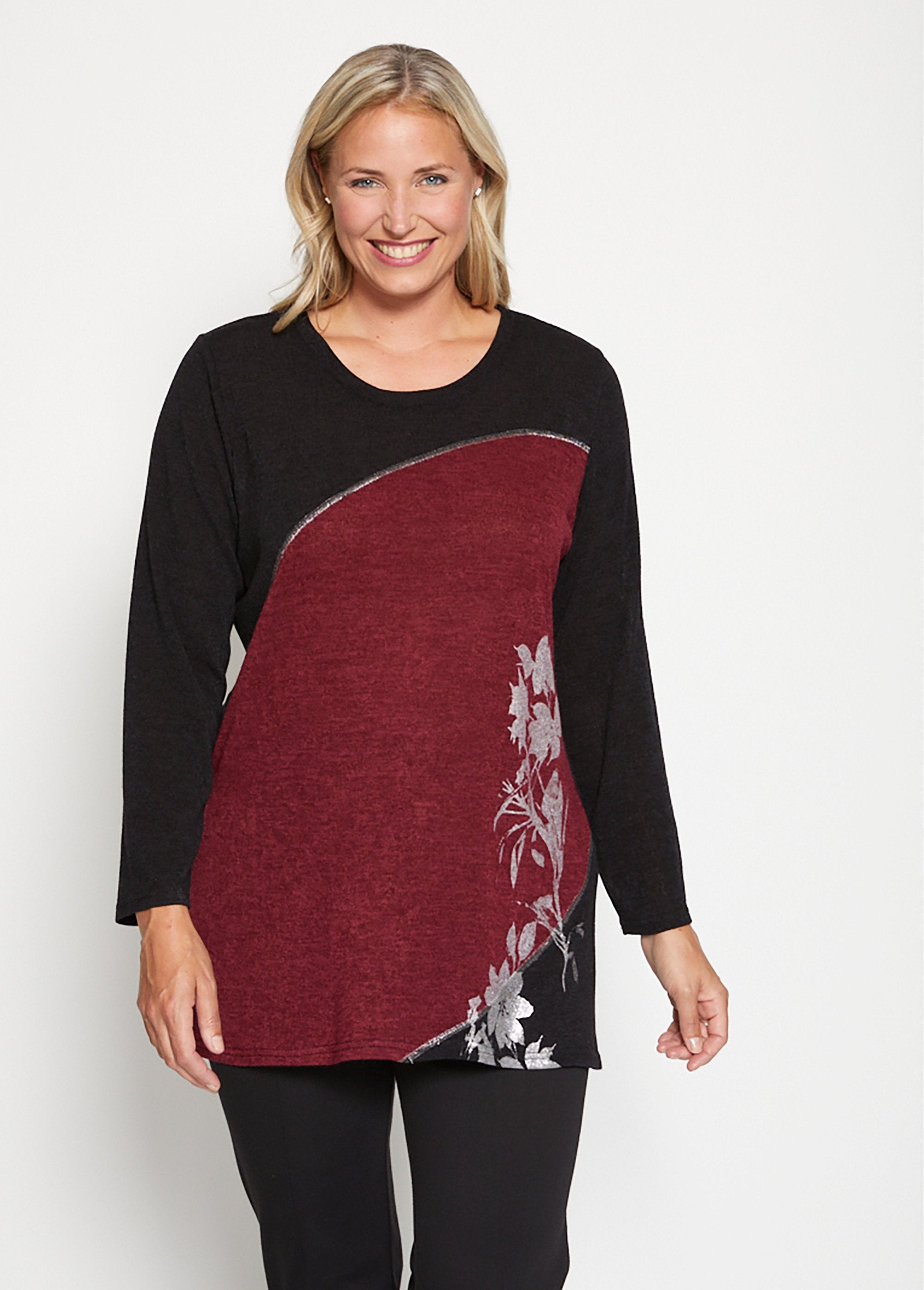 T-shirt_comprida_floral_elástica_Noir_et_bordeaux_FA1_curvy