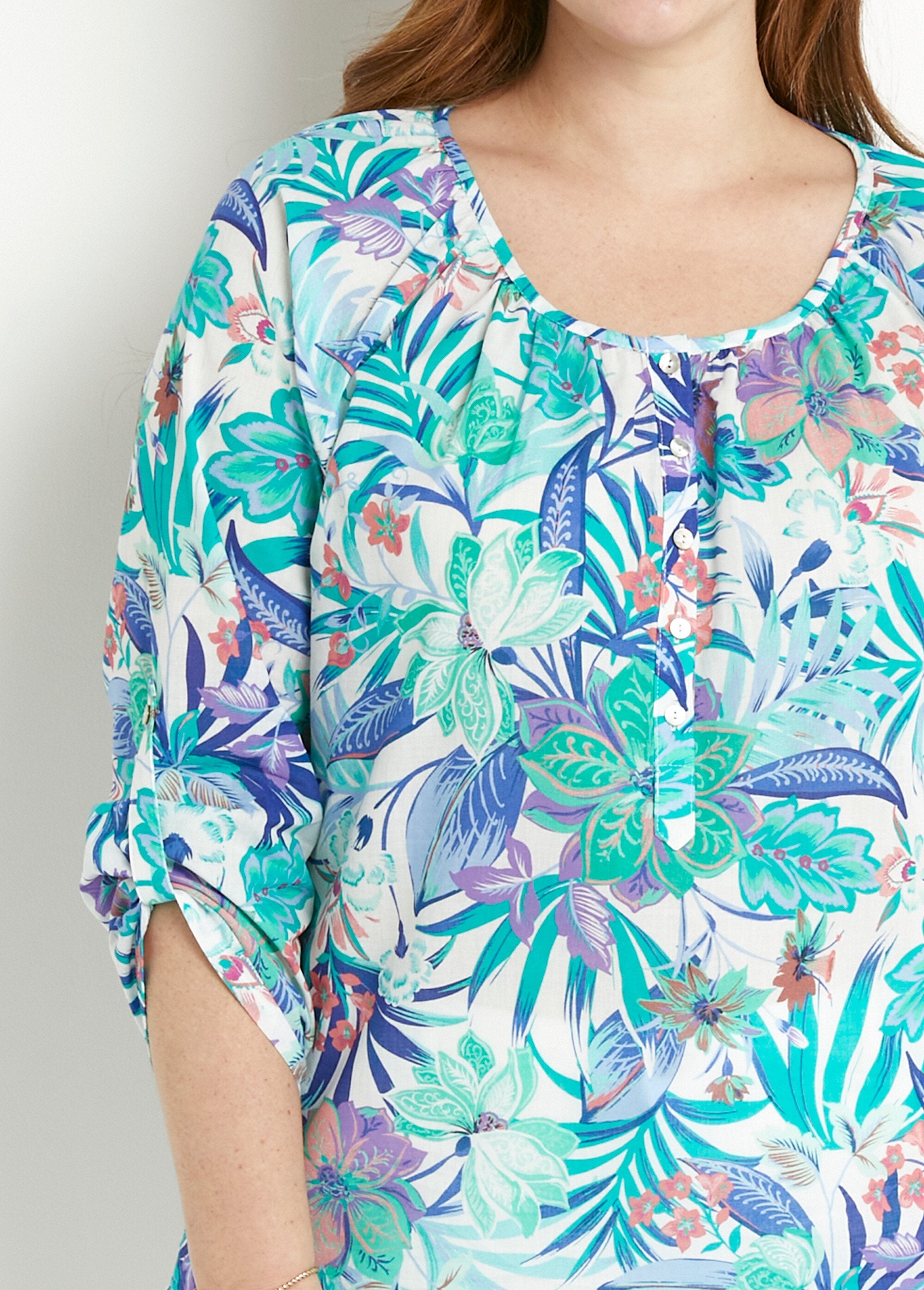 Túnica_solta_em_voile_de_algodão_estampado_com_mangas_3/4_Multicolore_SF1_curvy