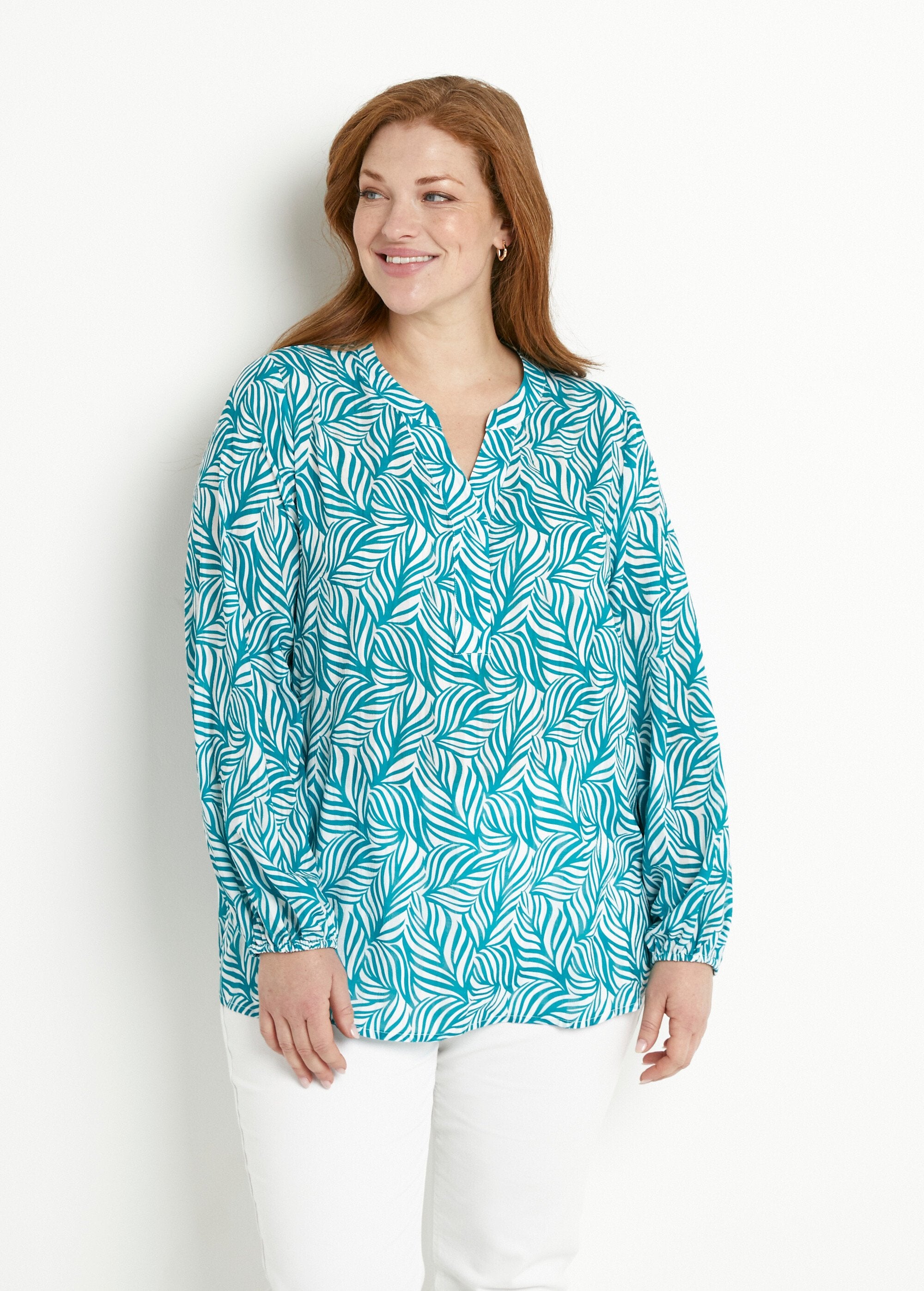 Túnica_longa_abotoada_com_mangas_3/4_Vert_et_blanc_FA1_curvy