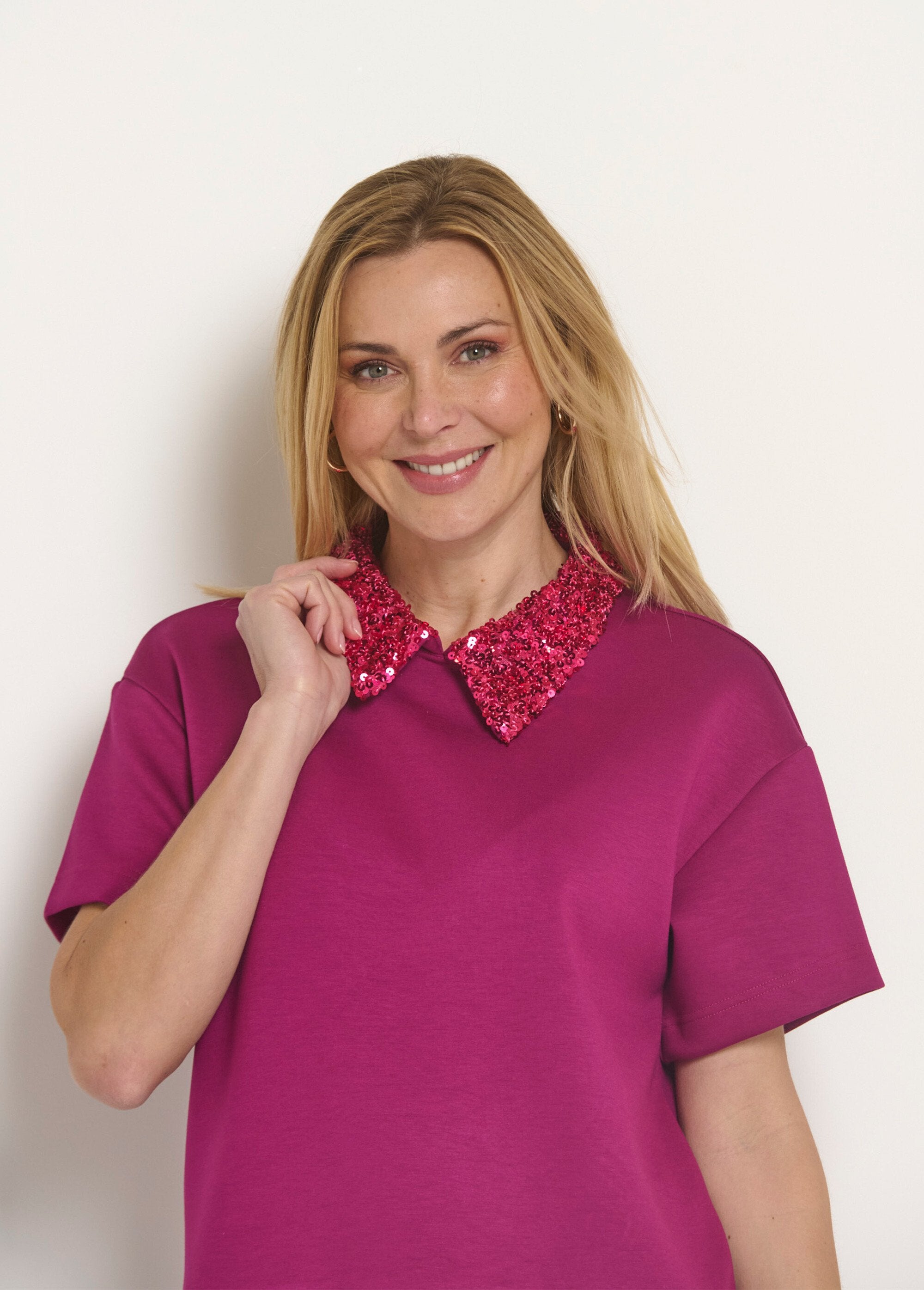 Blouse_col_pailleté_sequins_manches_courtes_Framboise_DE1_slim