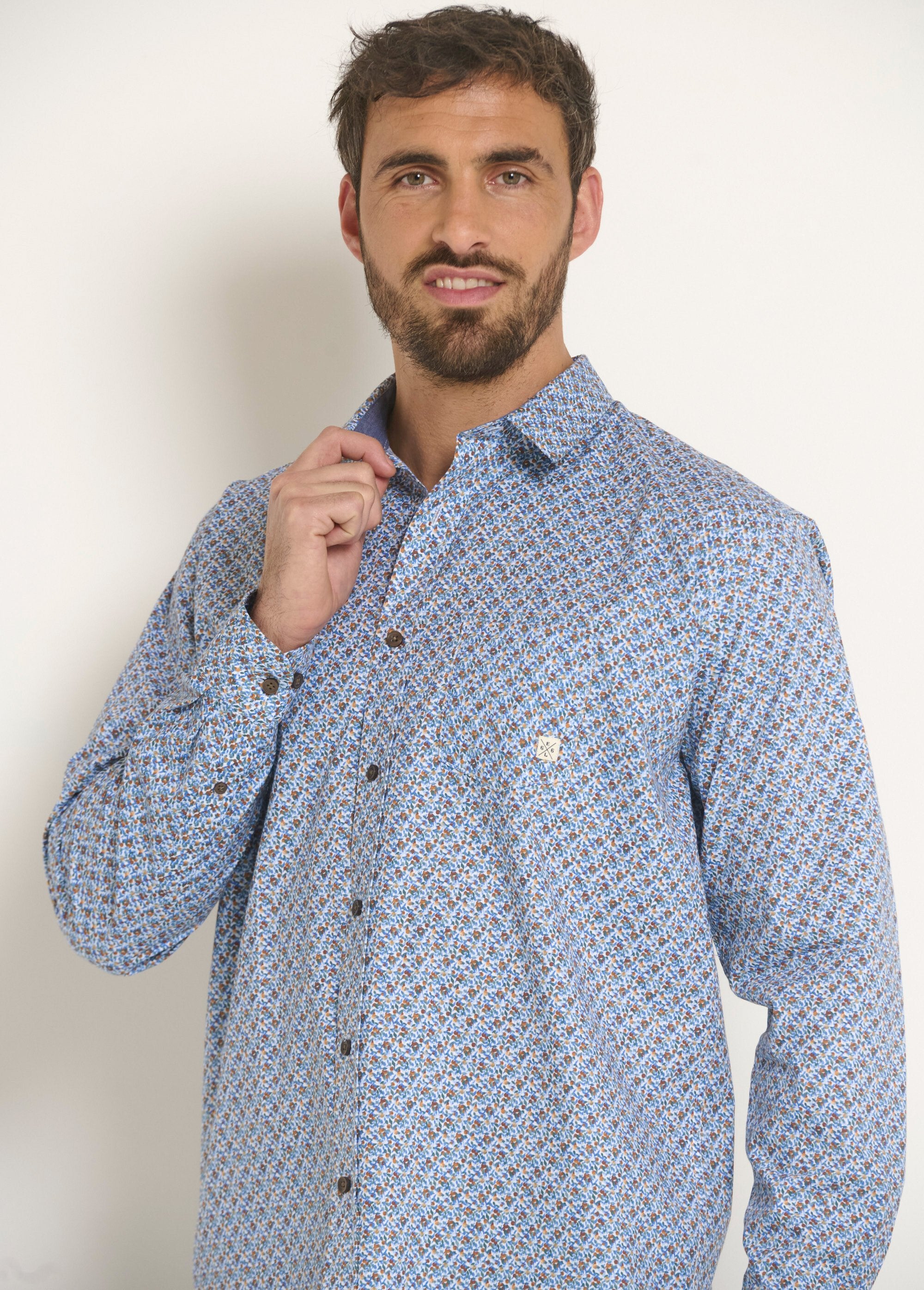 Camisa_de_algodão_com_micropadrão_de_manga_comprida_Bleu_DE2_slim