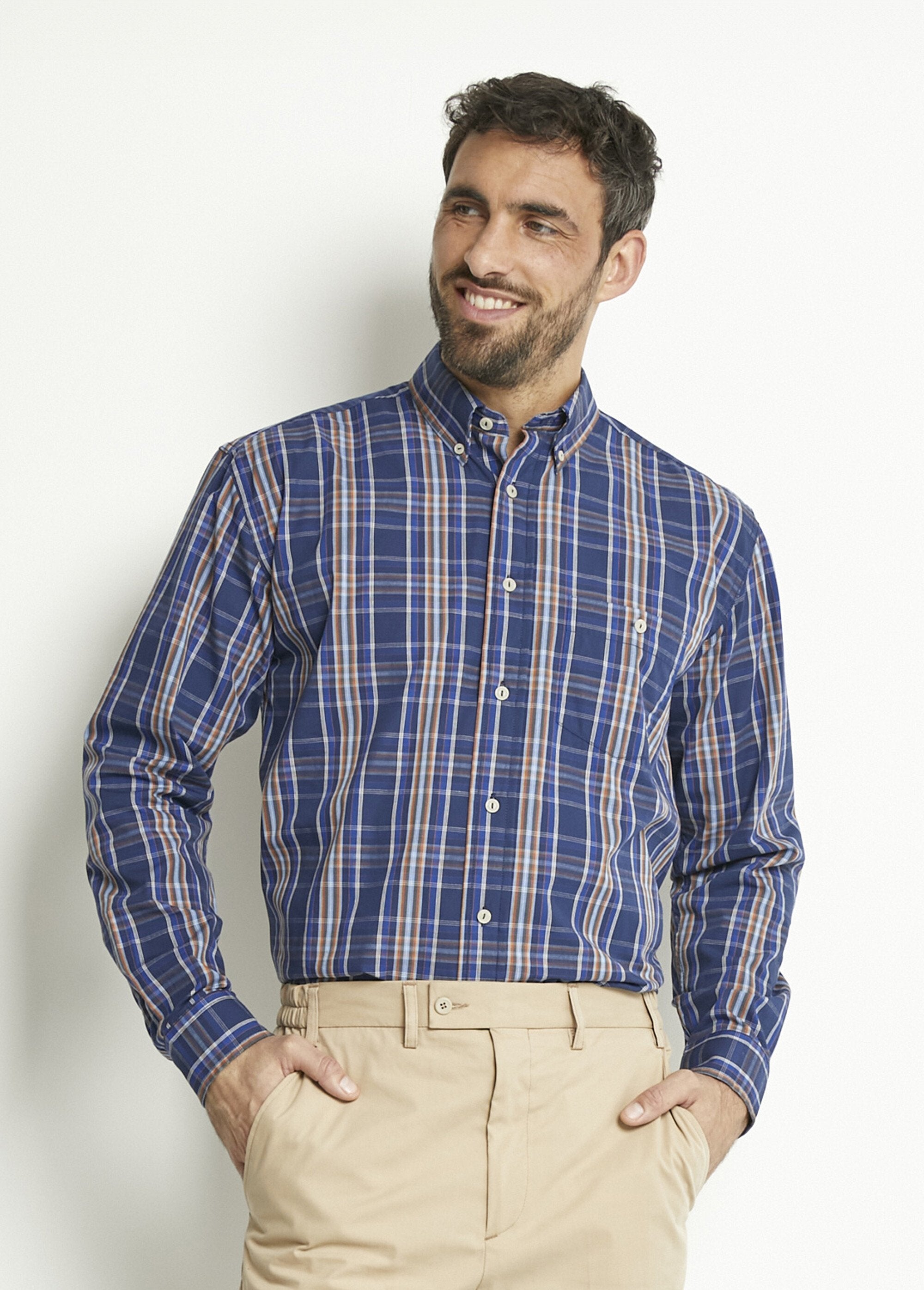 Camisa_de_algodão_lisa_ou_xadrez_de_manga_comprida_Carreaux_bleu_DE2_slim