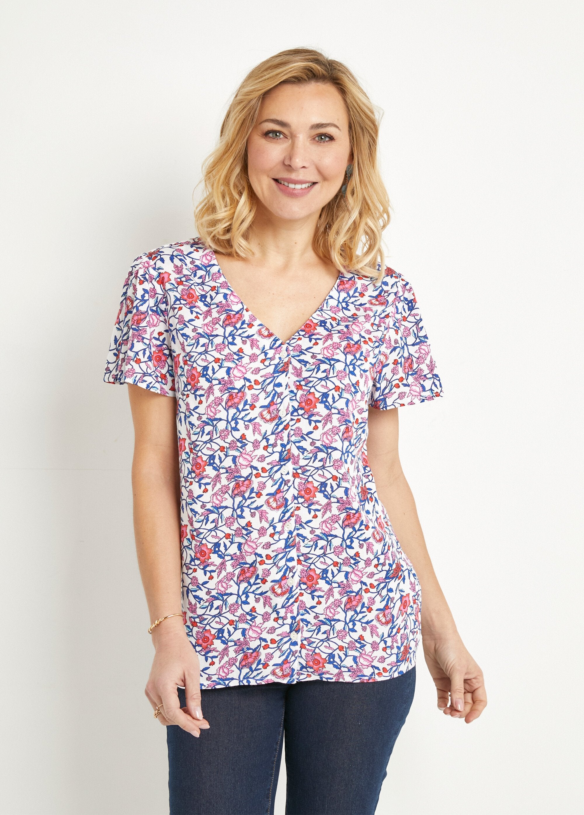 Chemisier_fleuri_col_V_manches_courtes_Bleu_et_rose_FA1_slim