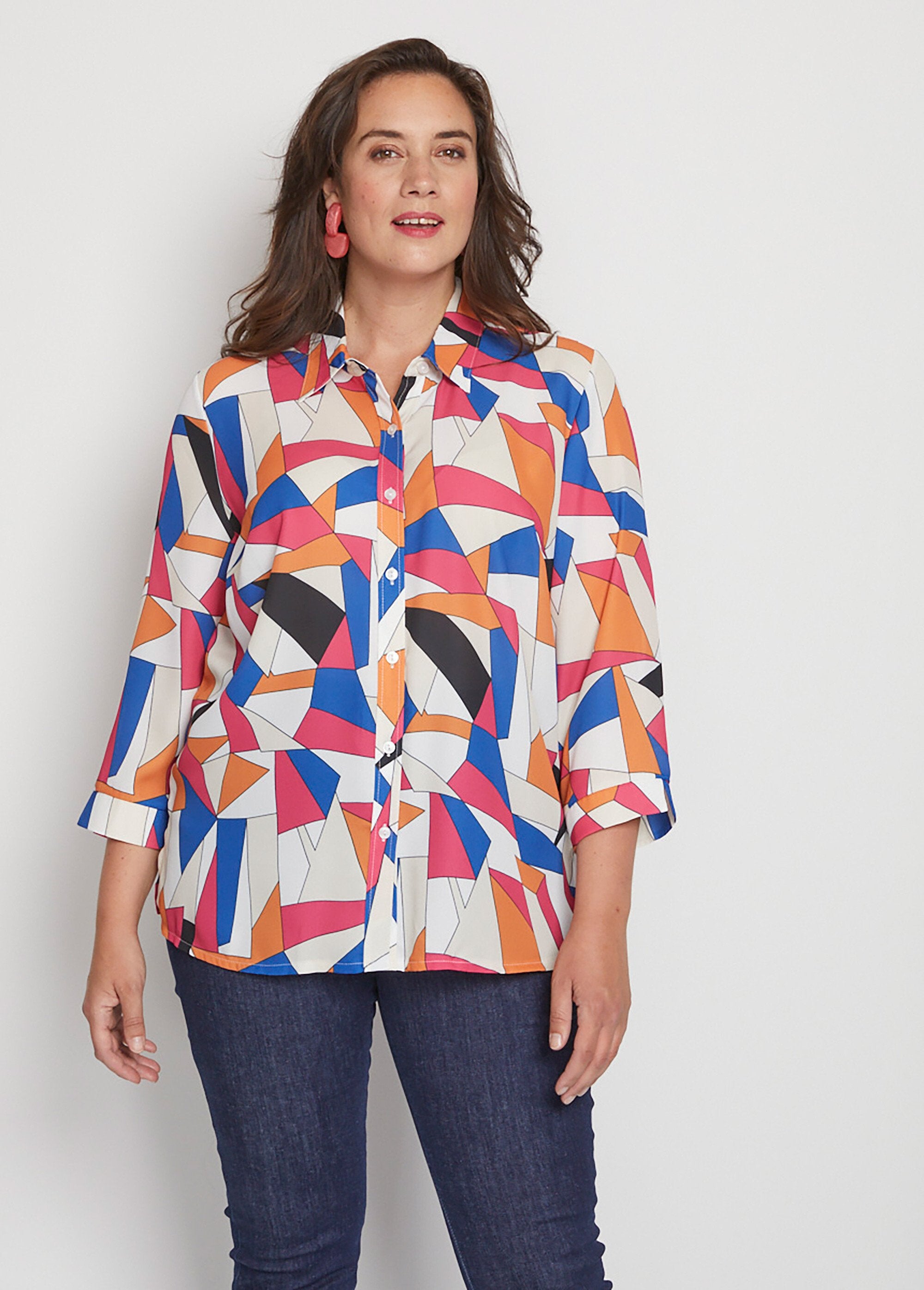 Blusa_de_manga_3/4_com_estampado_gráfico_Impressão_azul_FA1_curvy