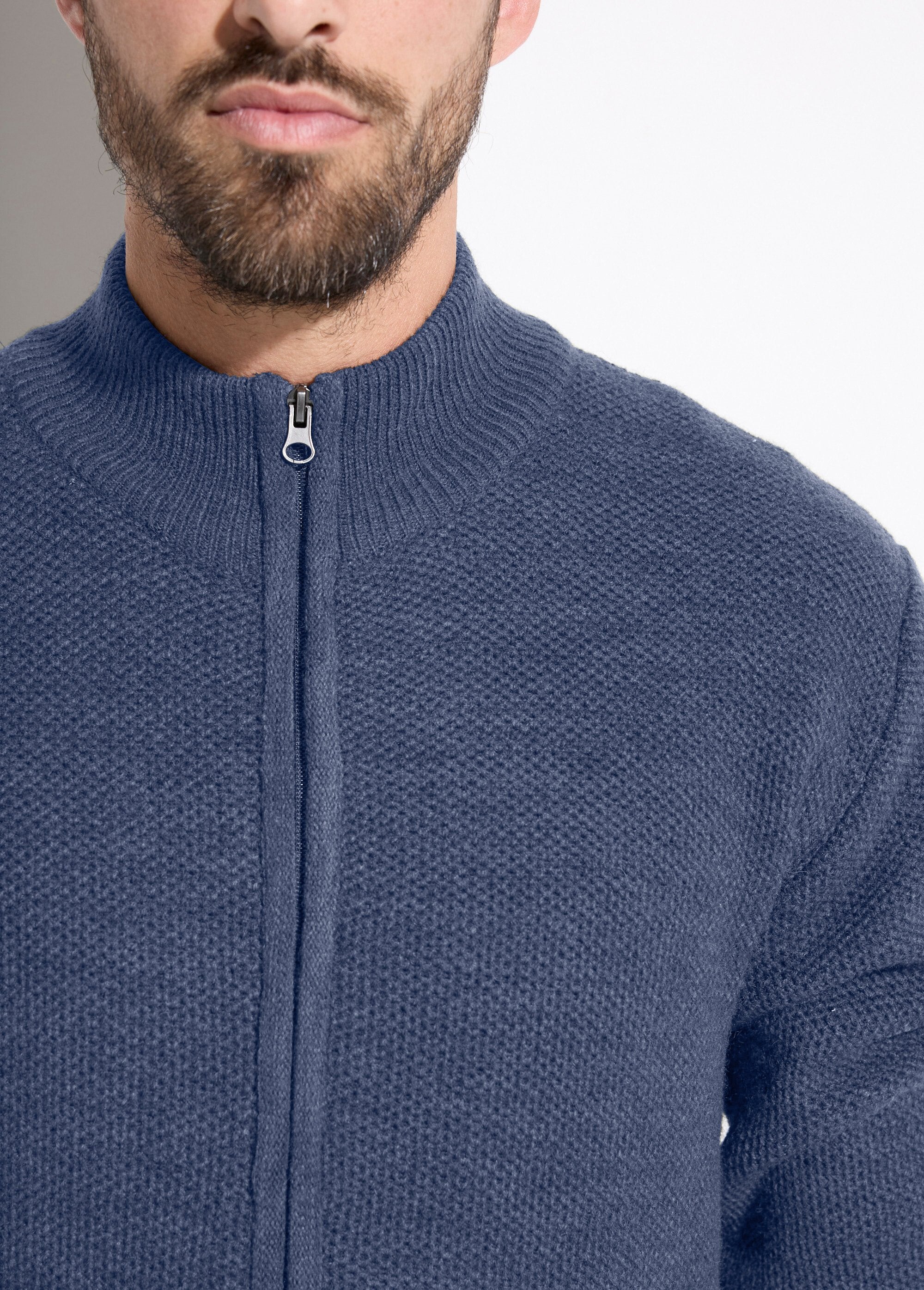 Gilet_zippé_col_montant_maille_chinée_laine_Bleu_DE1_slim