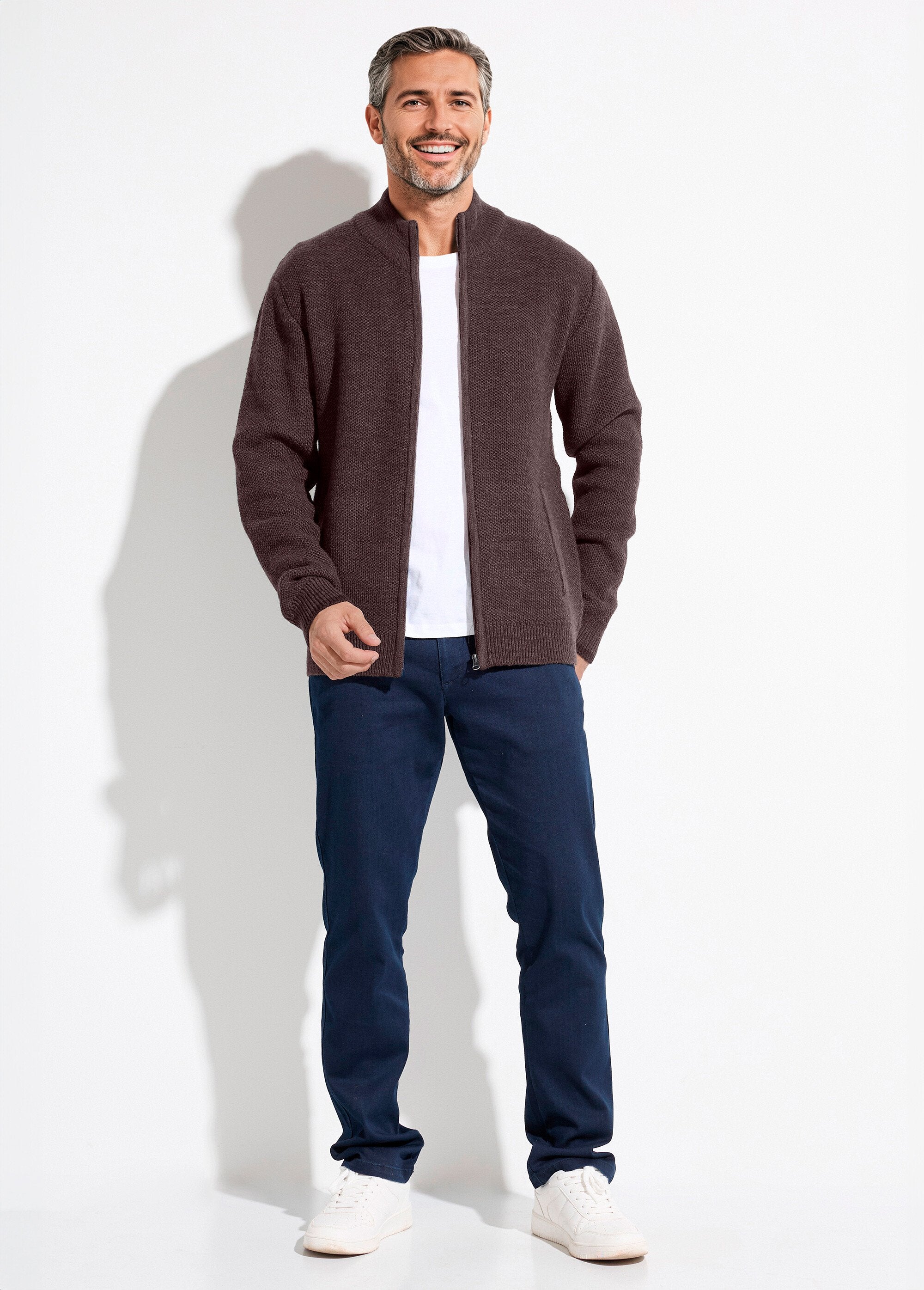 Gilet_zippé_col_montant_maille_chinée_laine_Marron_SF1_slim