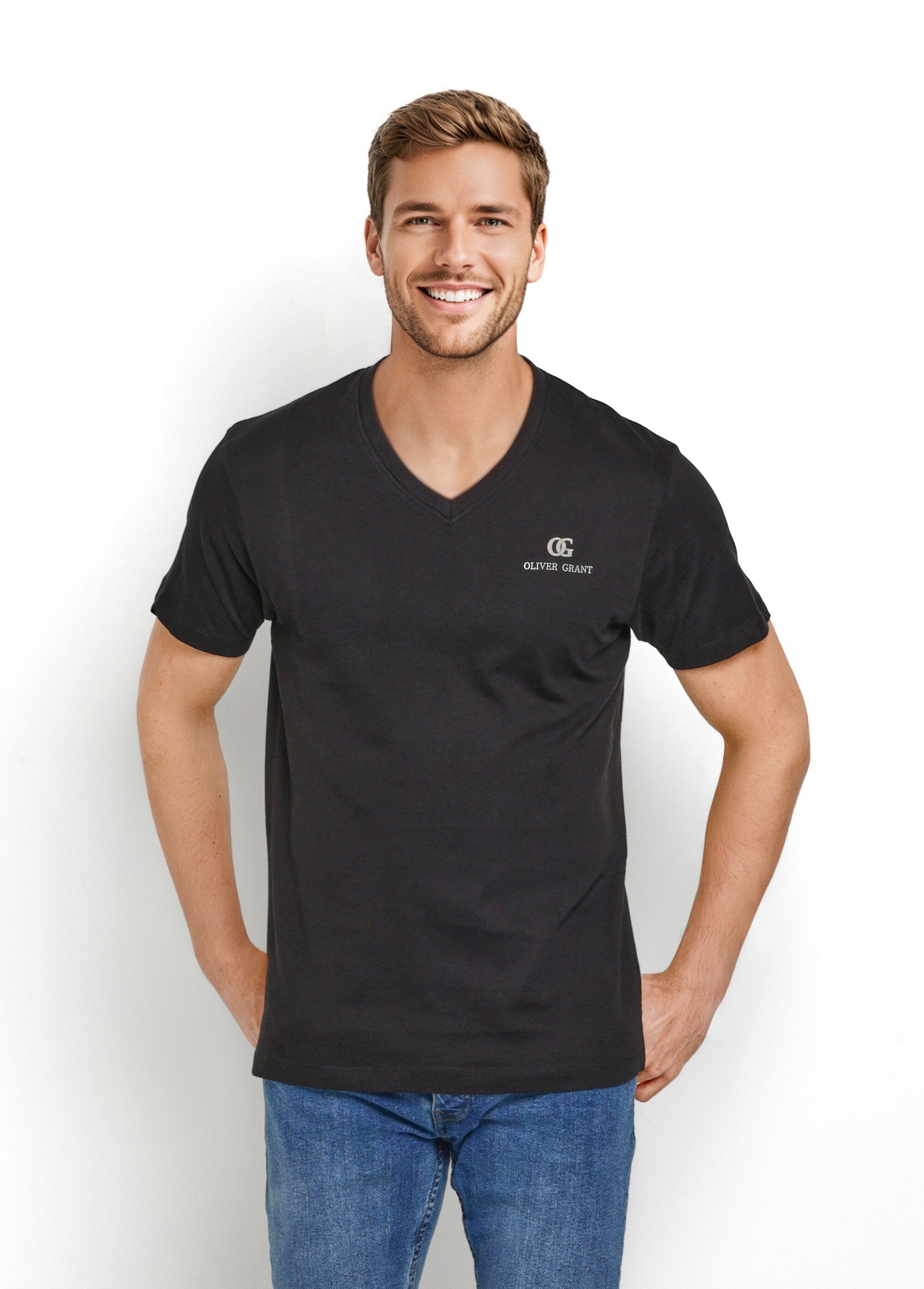 Camisetas_de_manga_curta_com_decote_em_V_combinando_Assortis_noir_FA1_slim