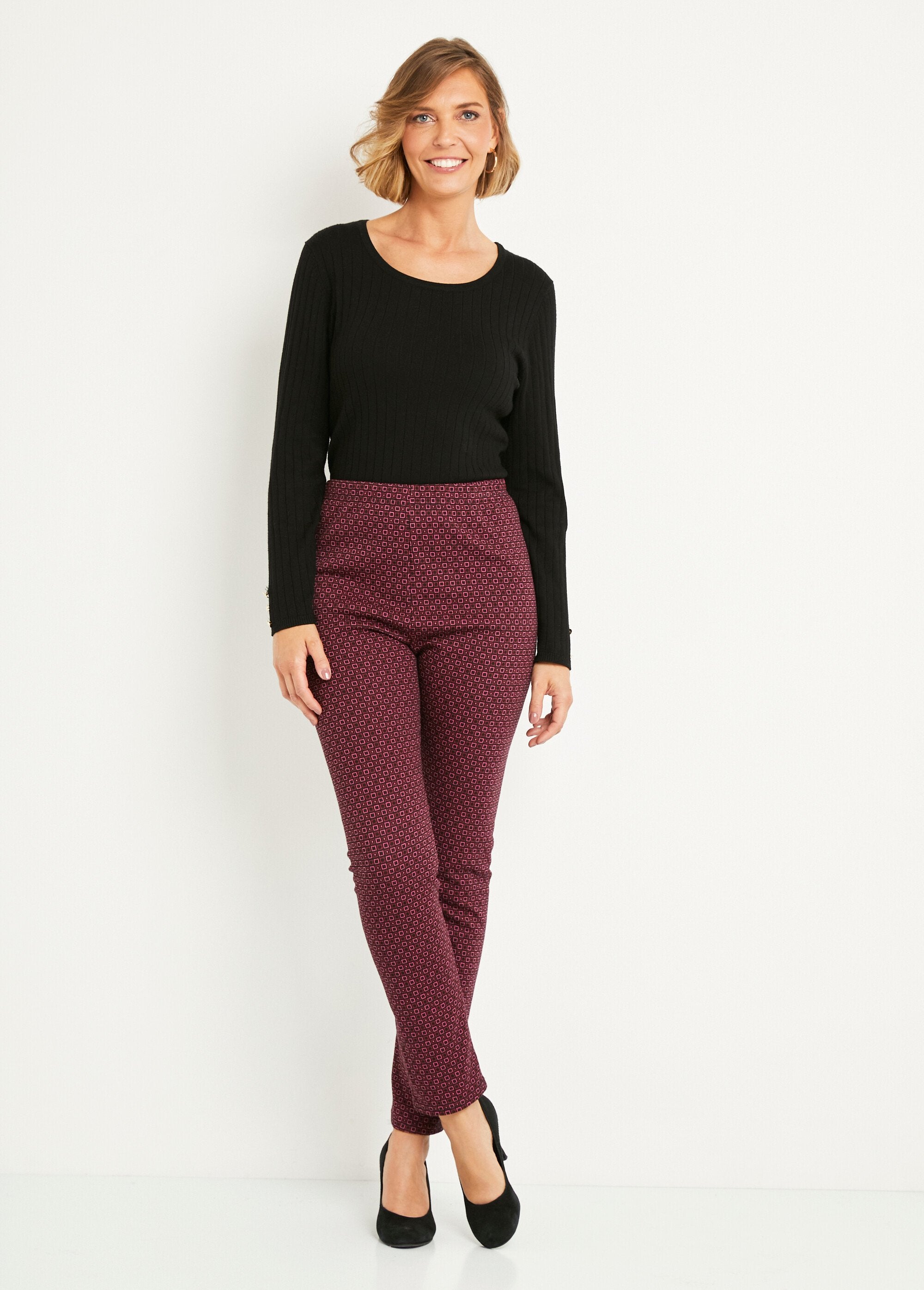 Pantalon_droit_fuselé_taille_élastiquée_jacquard_Rose_et_noir_SF1_slim