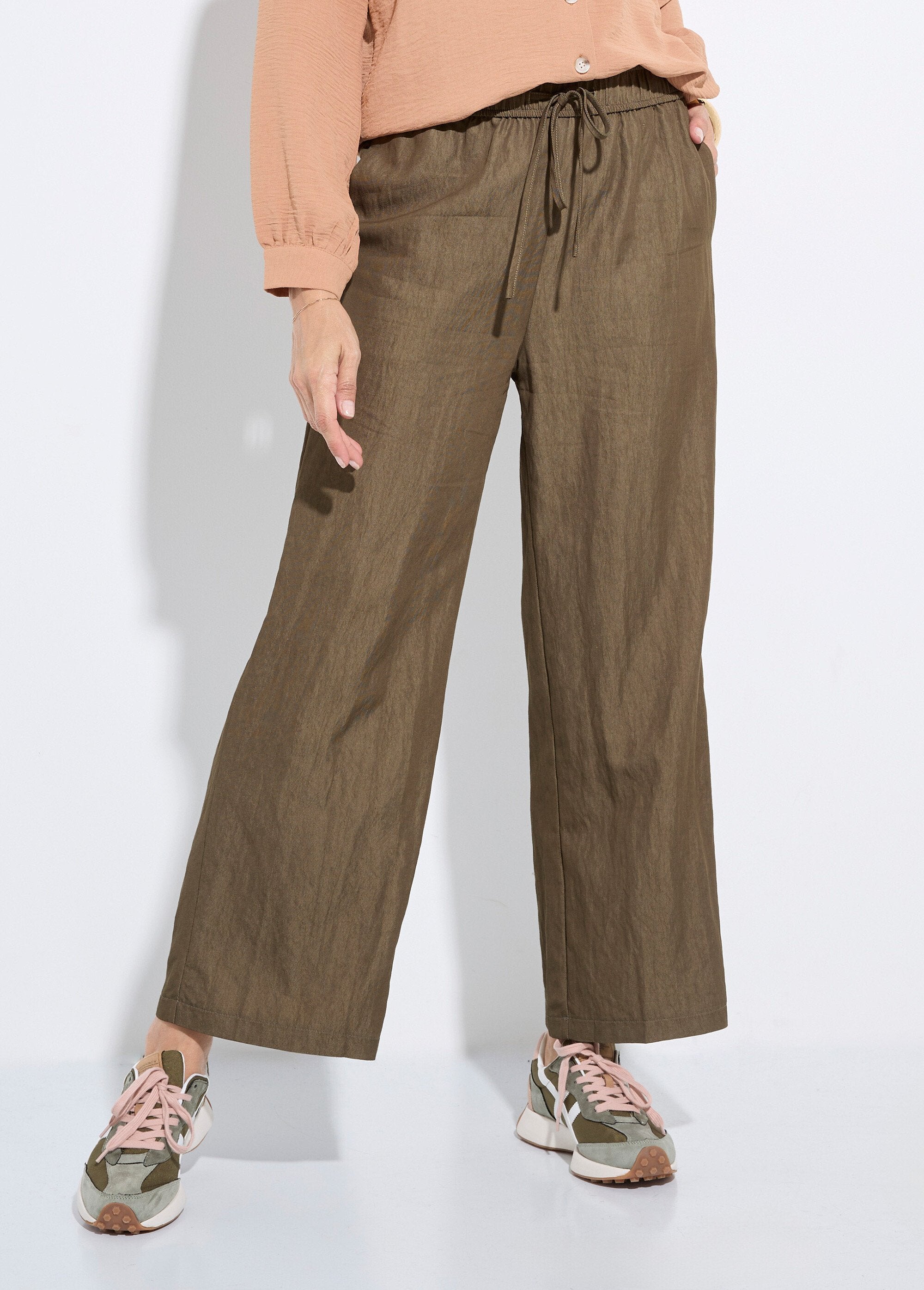 Pantalon_fluide_élastiqué_twill_uni_Kaki_FA1_slim