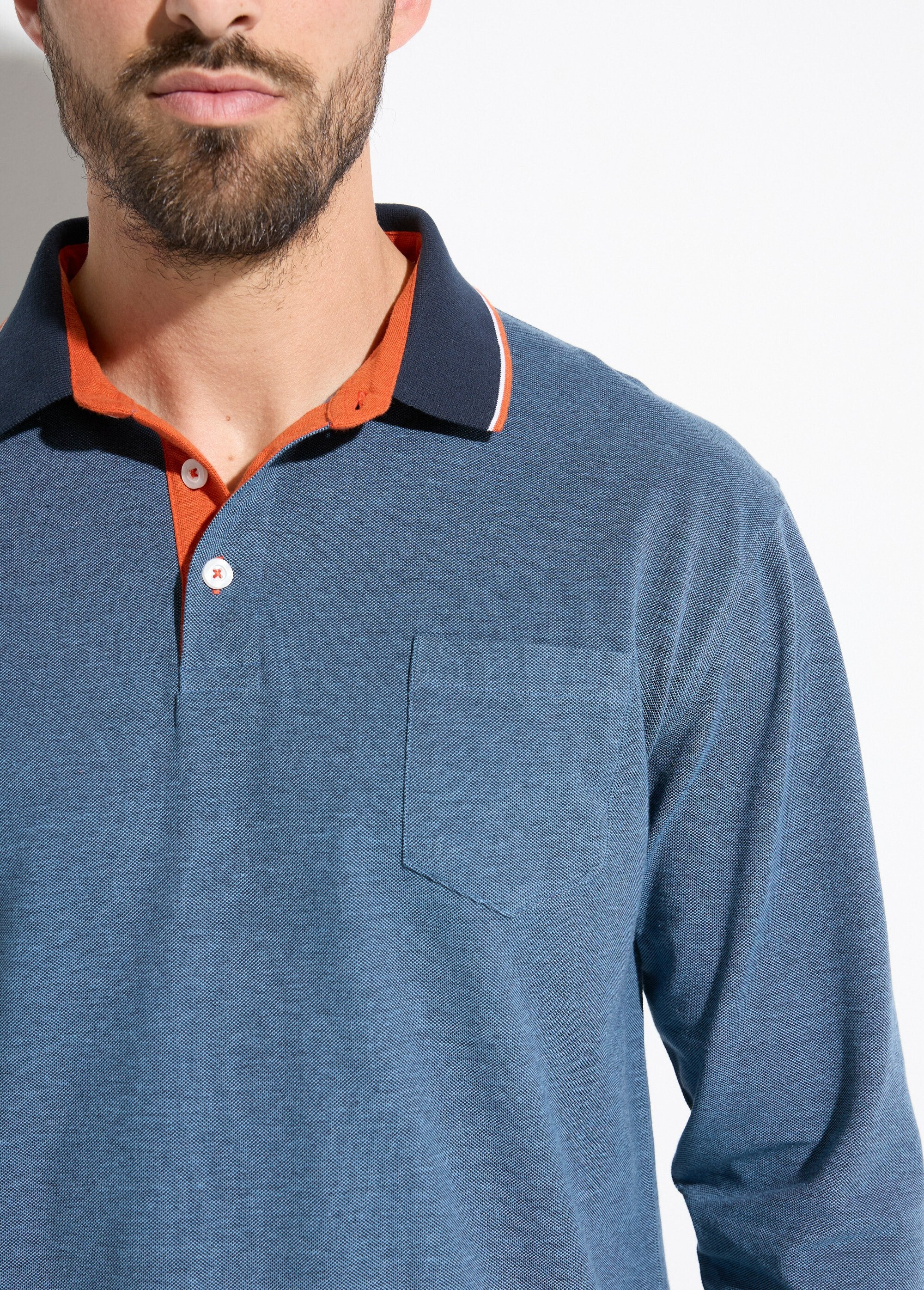 Polo_maille_piquée_manches_longues_coton_Bleu_DE1_slim