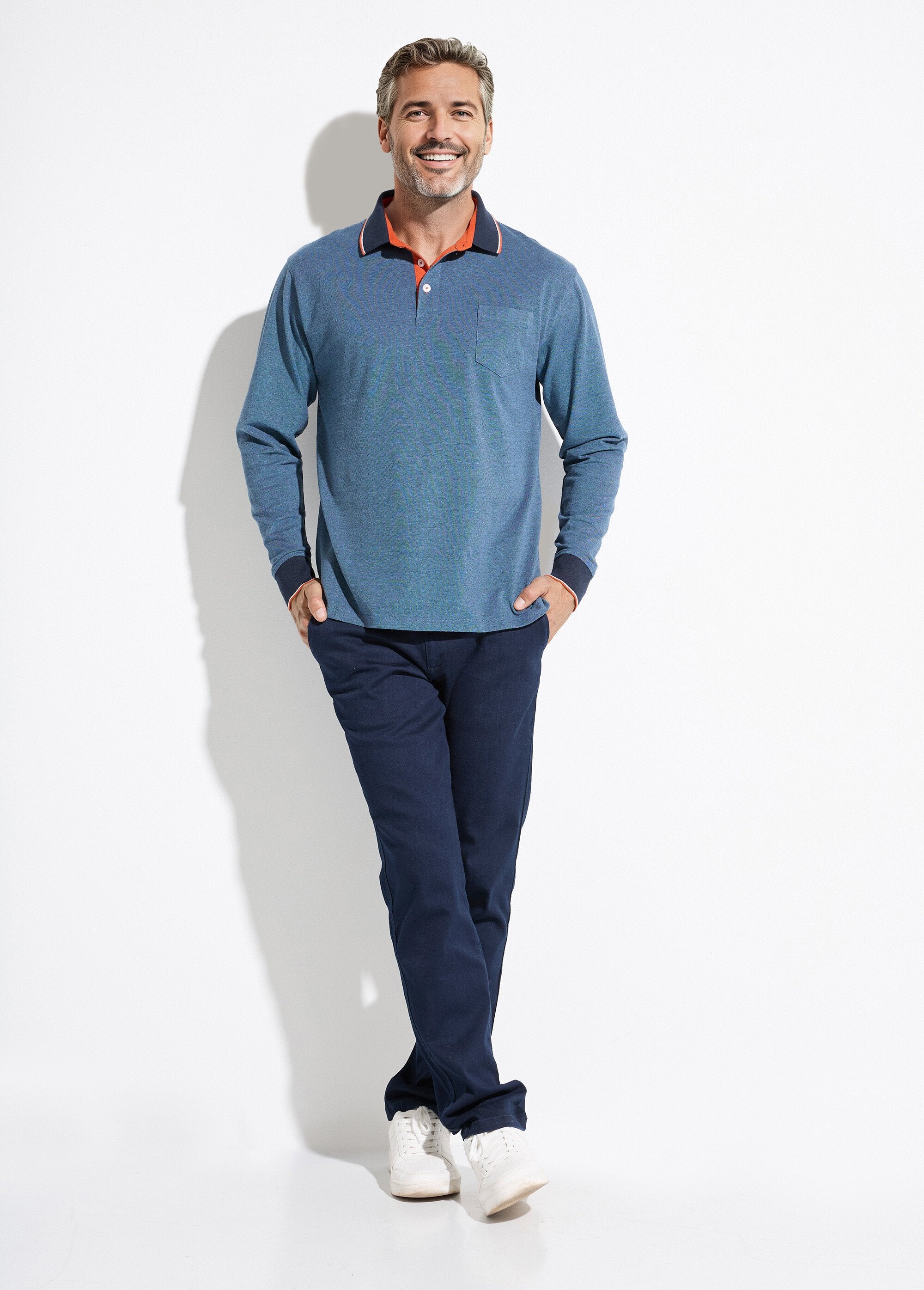 Polo_maille_piquée_manches_longues_coton_Bleu_SF1_slim