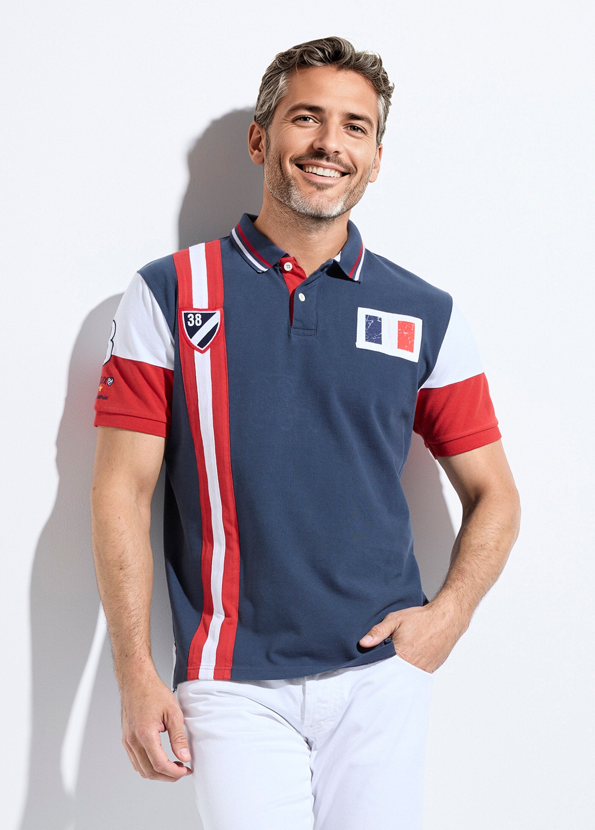 Polo_tricolore_détails_sportwear_chic_Marine_FA1_slim