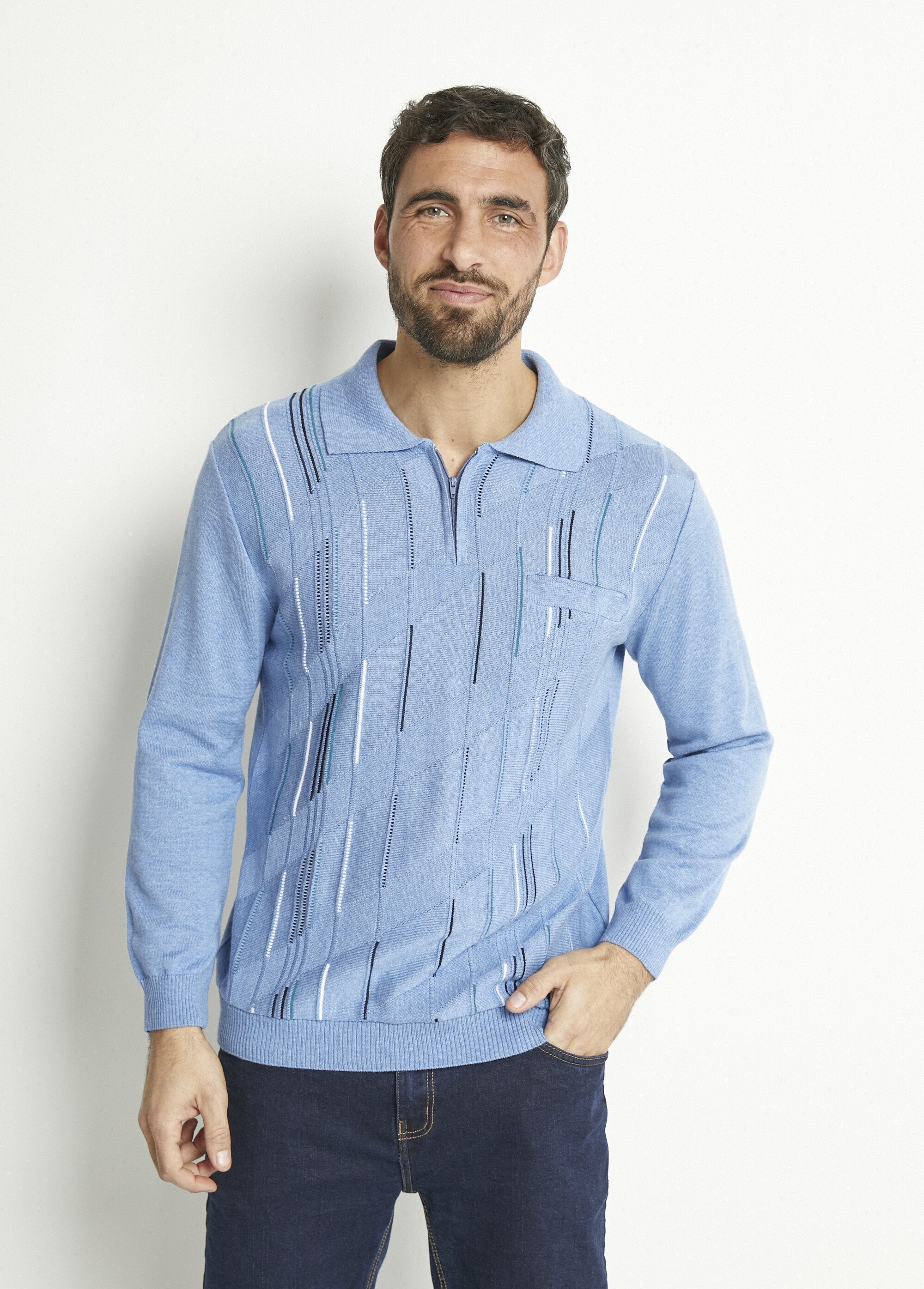 Camisa_polo_de_manga_comprida_com_zíper_em_algodão_jacquard_Bleu_FA1_slim