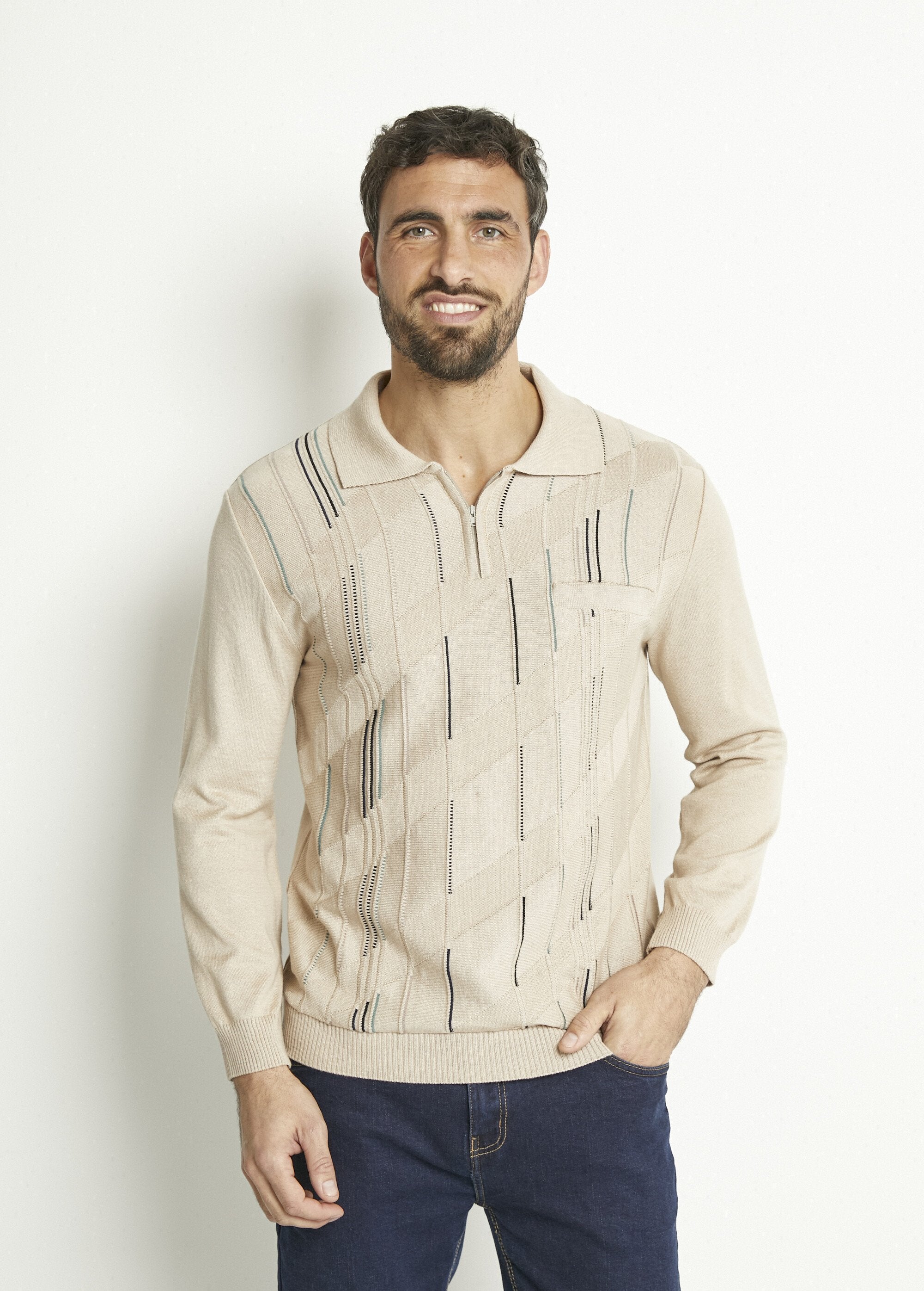 Camisa_polo_de_manga_comprida_com_zíper_em_algodão_jacquard_Beige_FA1_slim