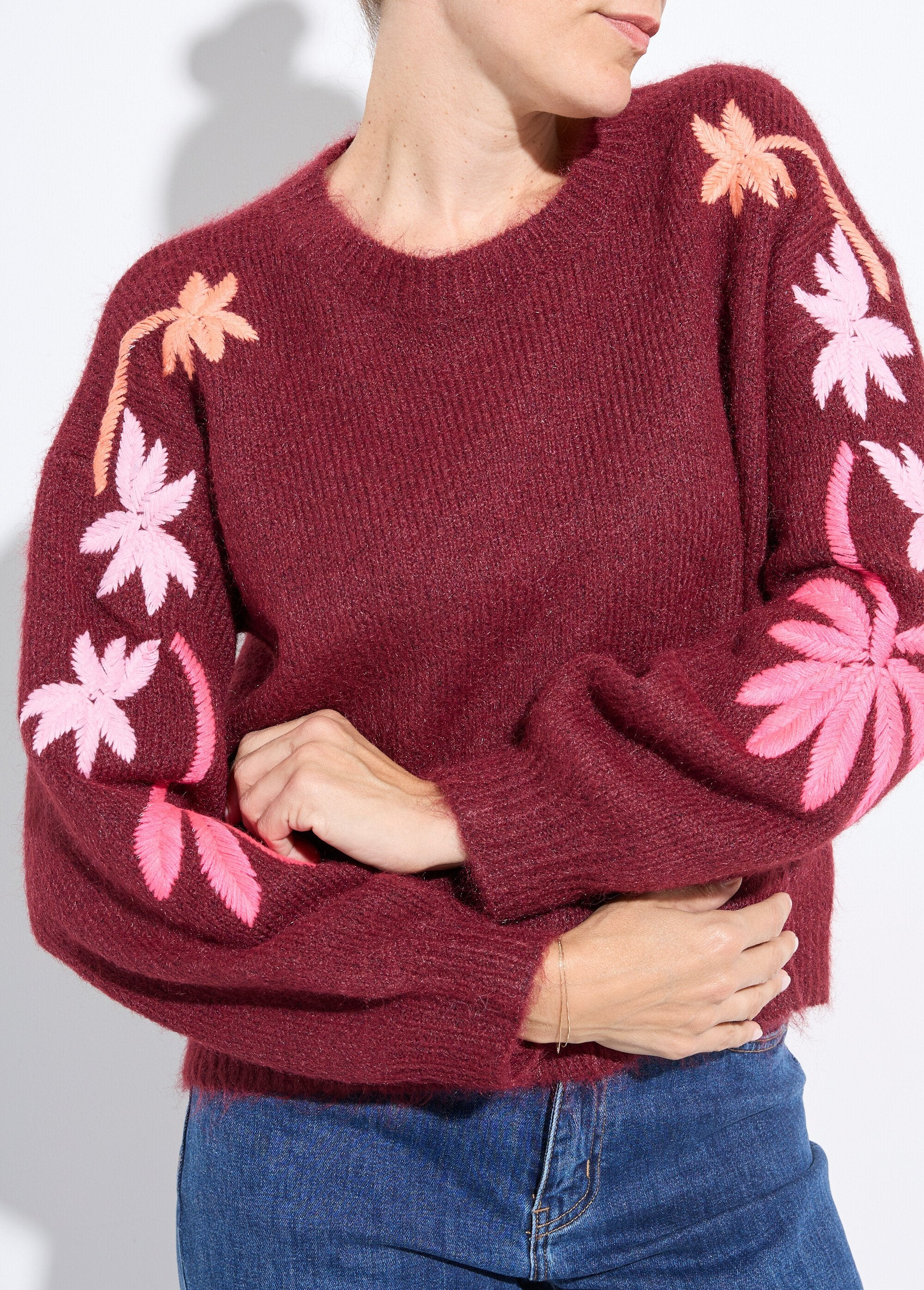Pull_chaud_laine_broderies_fluo_palmiers_Bordeaux_DE1_slim