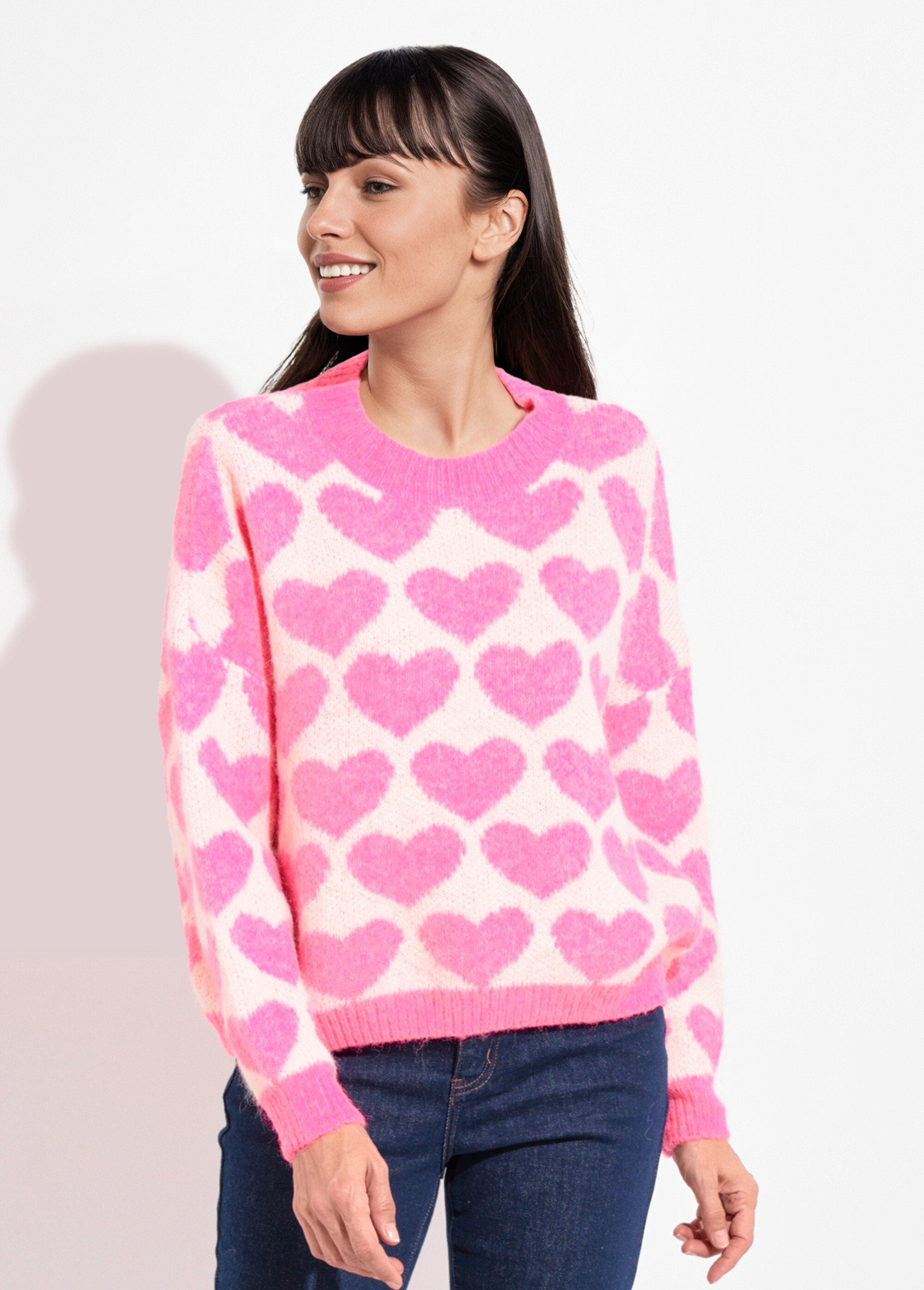 Pull_chaud_maille_mousseuse_laine_coeurs_Rose_vif_FA1_slim