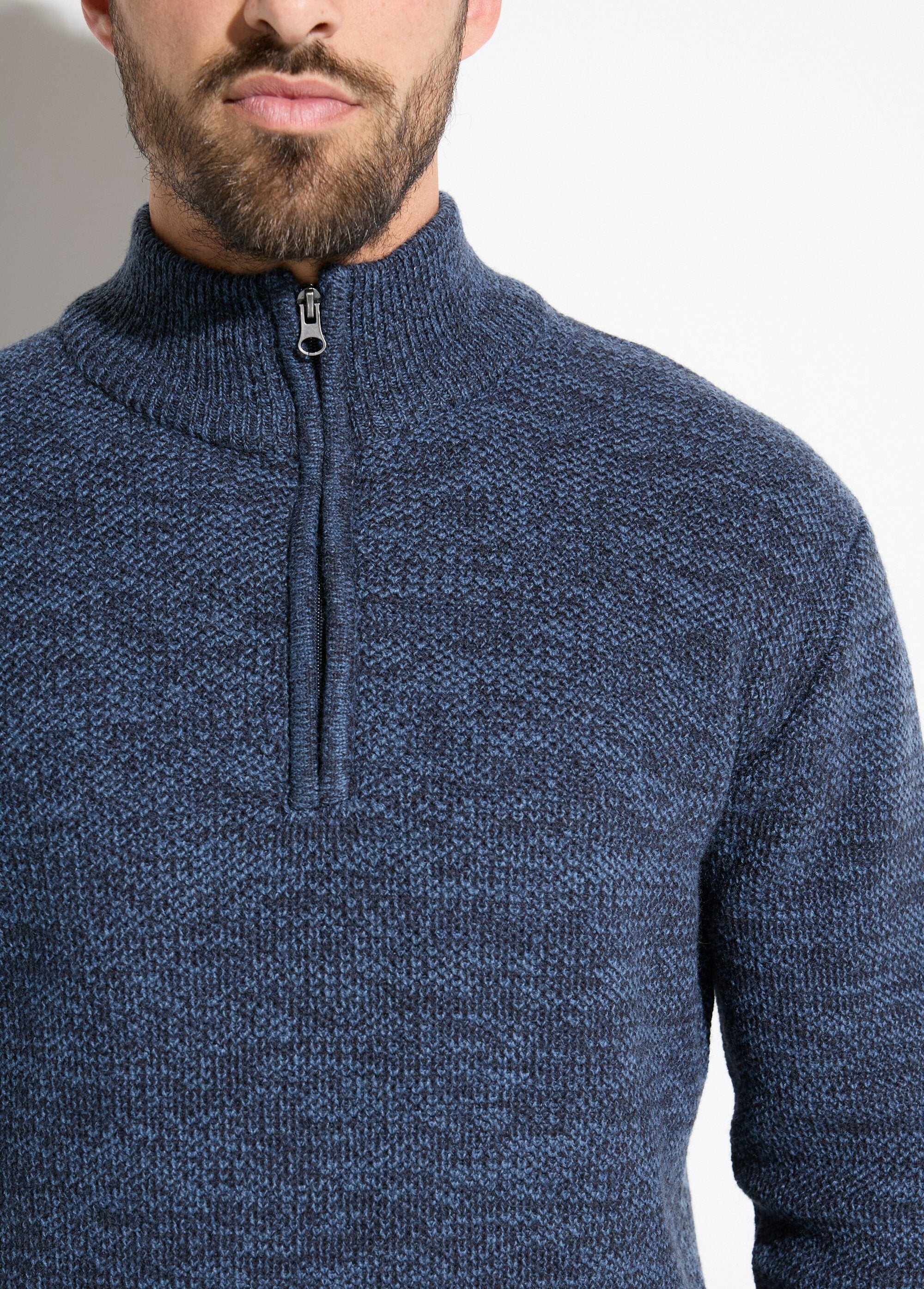 Camisola_de_gola_alta_com_fecho_de_correr_em_lã_de_malha_mosqueada_Bleu_DE1_slim