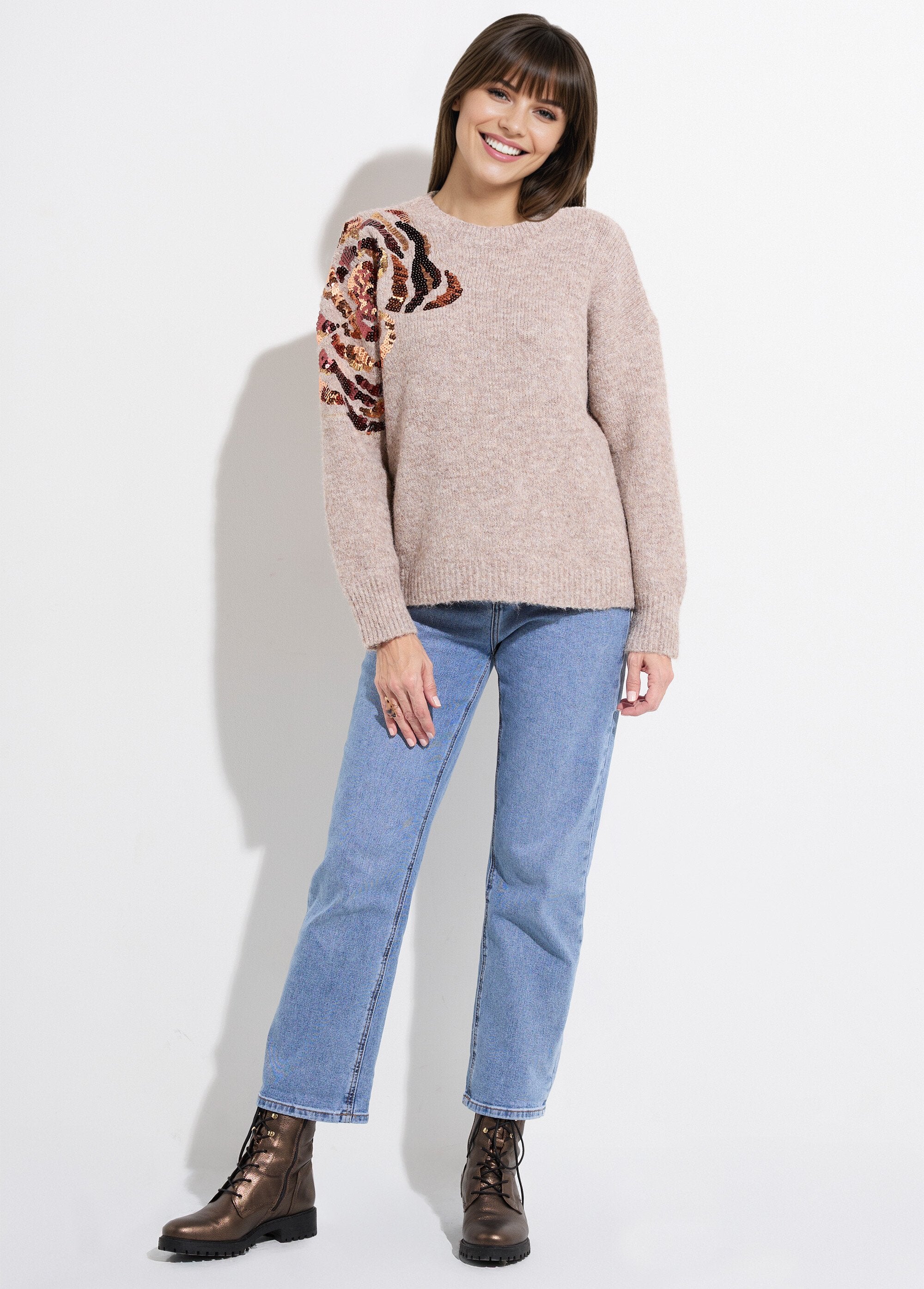 Pull_col_rond,_animation_fleur_sequins_Beige_SF1_slim