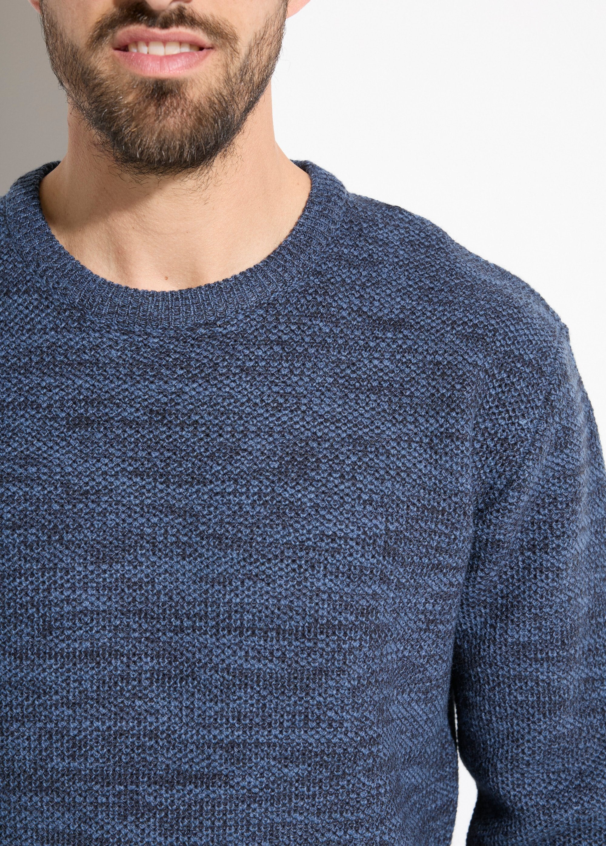 Pull_col_rond_maille_chinée_laine_manches_longues_Bleu_DE1_slim