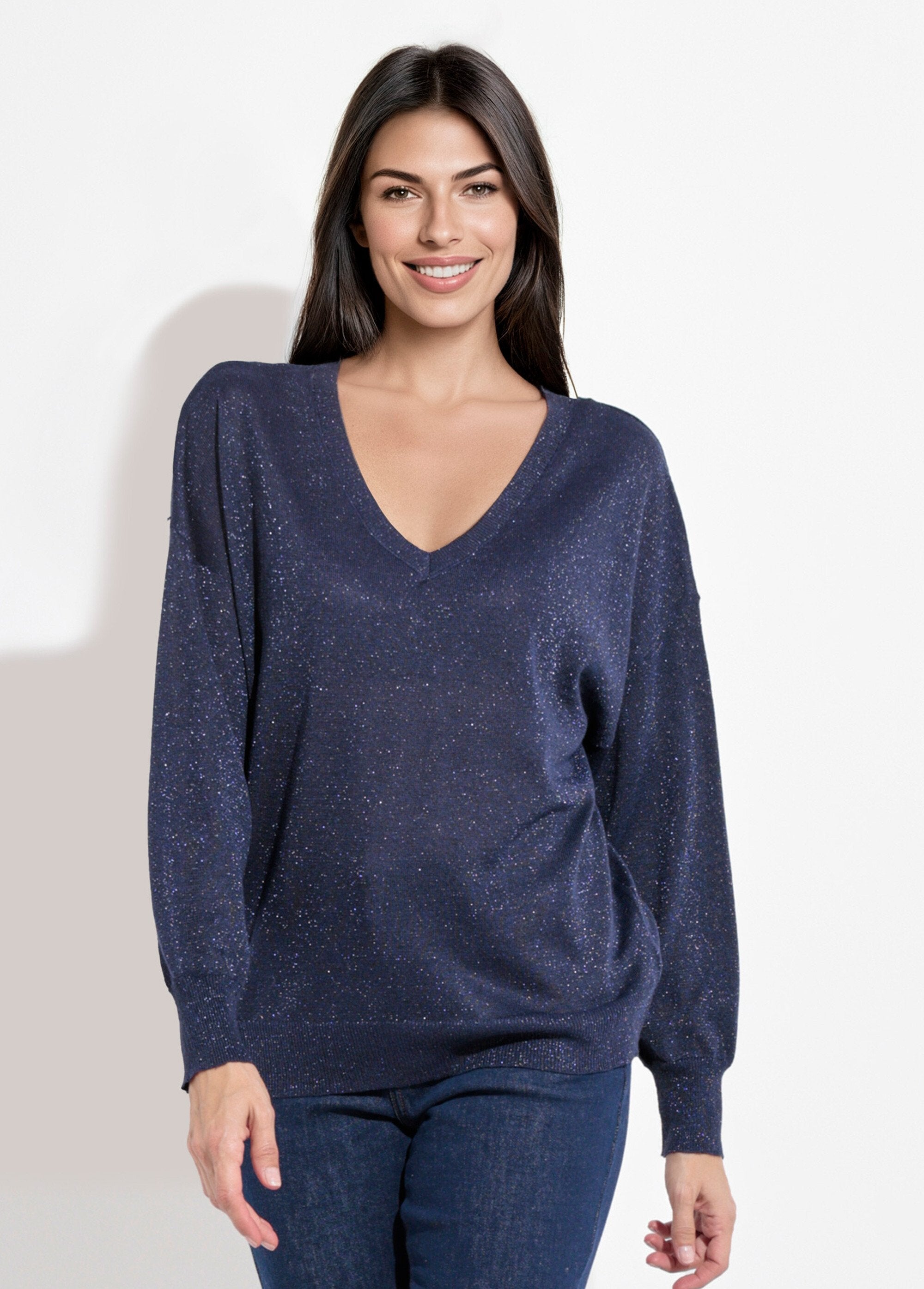 Pull_col_V_maille_fine_jauge_métallisée_Marine_FA1_slim