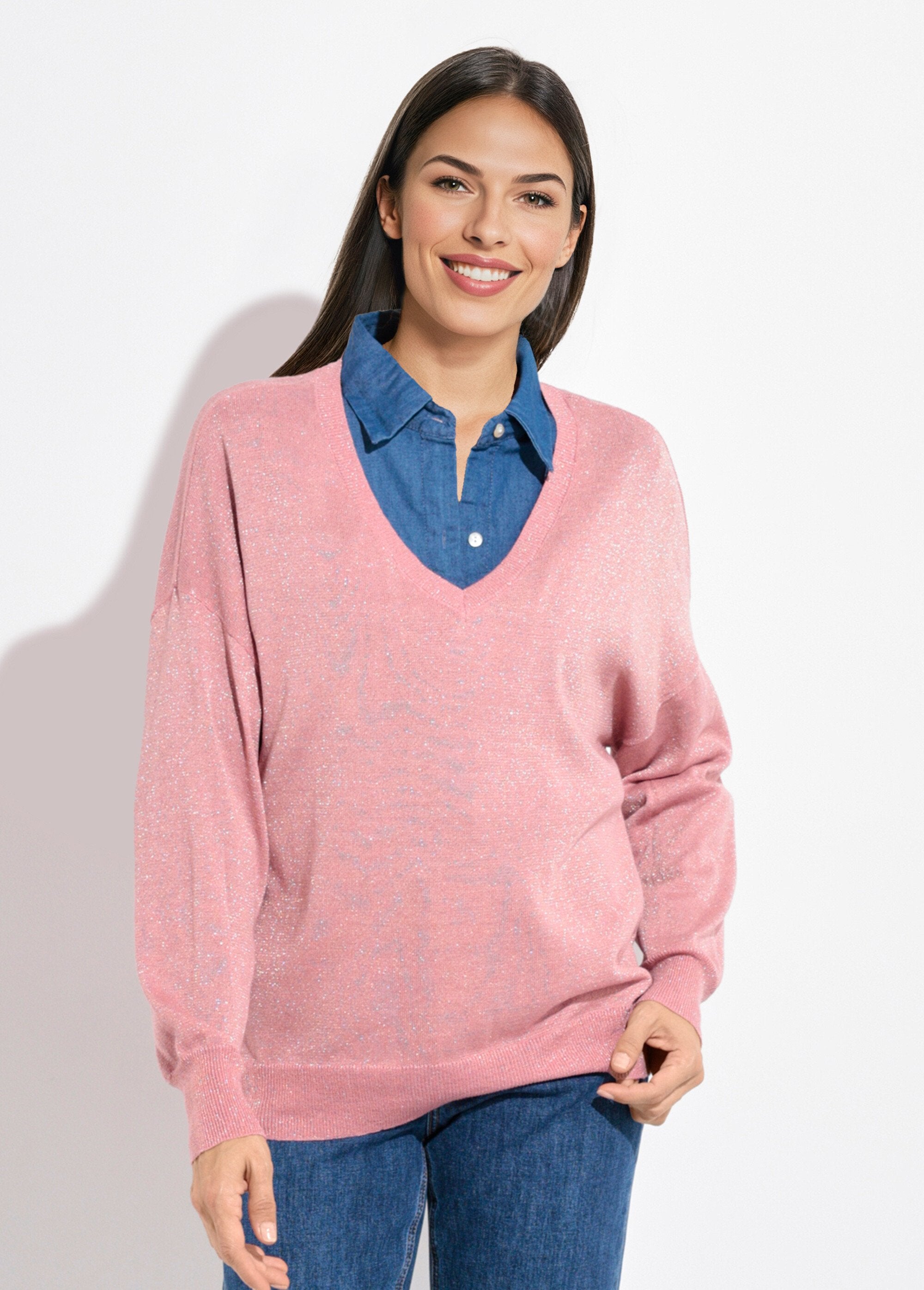 Pull_col_V_maille_fine_jauge_métallisée_Vieux_rose_FA1_slim