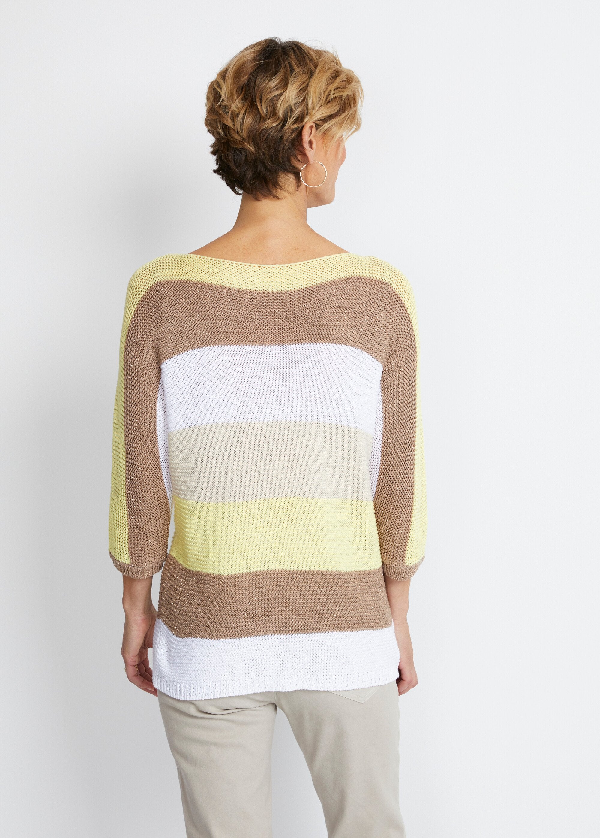 Pull_rayé_manches_3/4_point_mousse_Jaune_et_dore_DO1_slim
