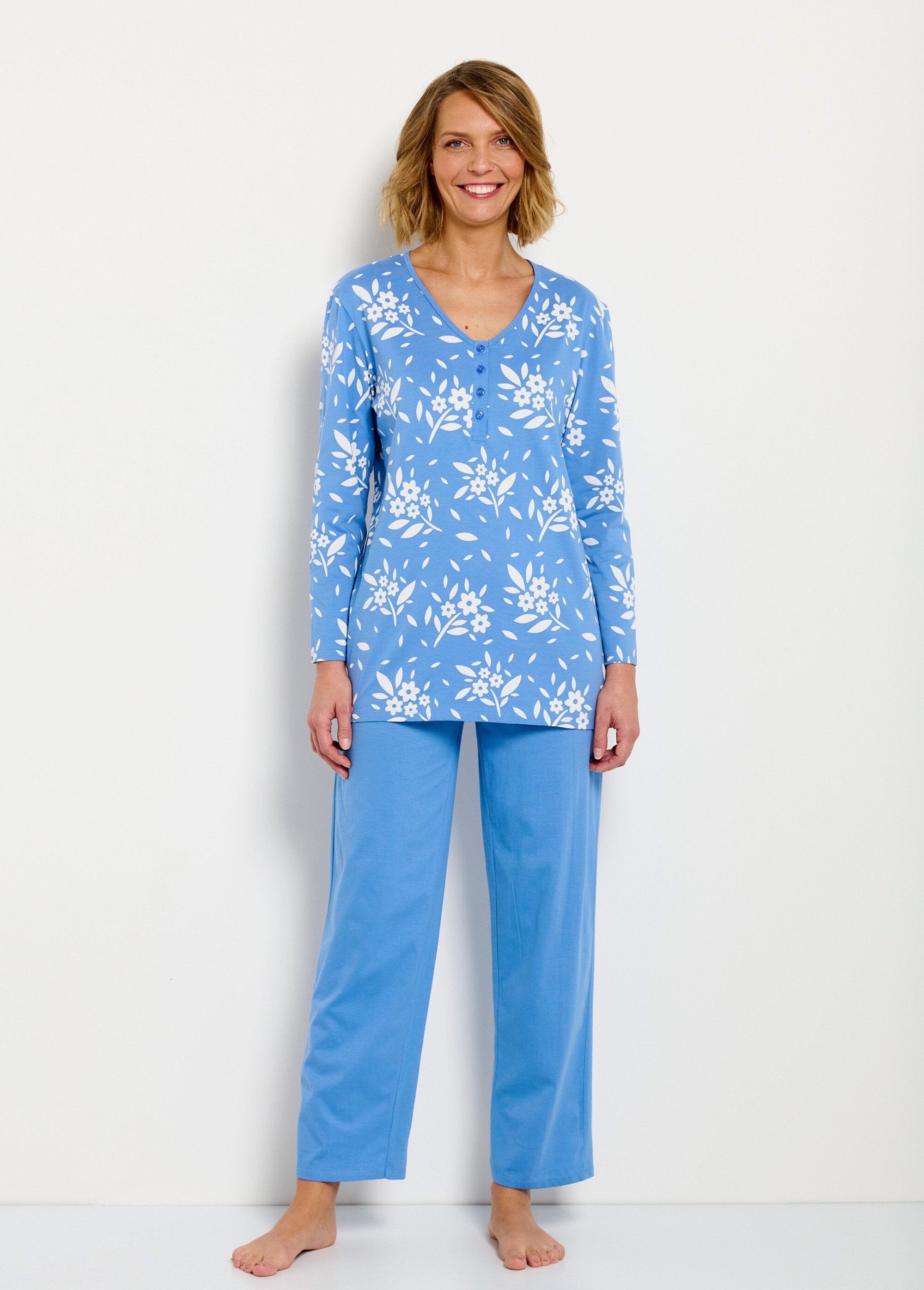 Pijama_de_algodão_com_decote_em_V_e_manga_comprida_com_botões_Bleu_FA1_slim