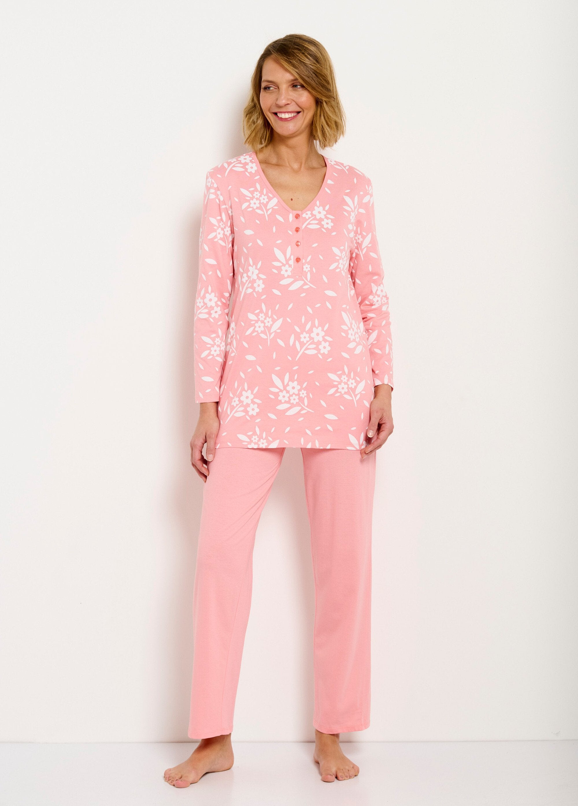 Pijama_de_algodão_com_decote_em_V_e_manga_comprida_com_botões_Corail_FA1_slim