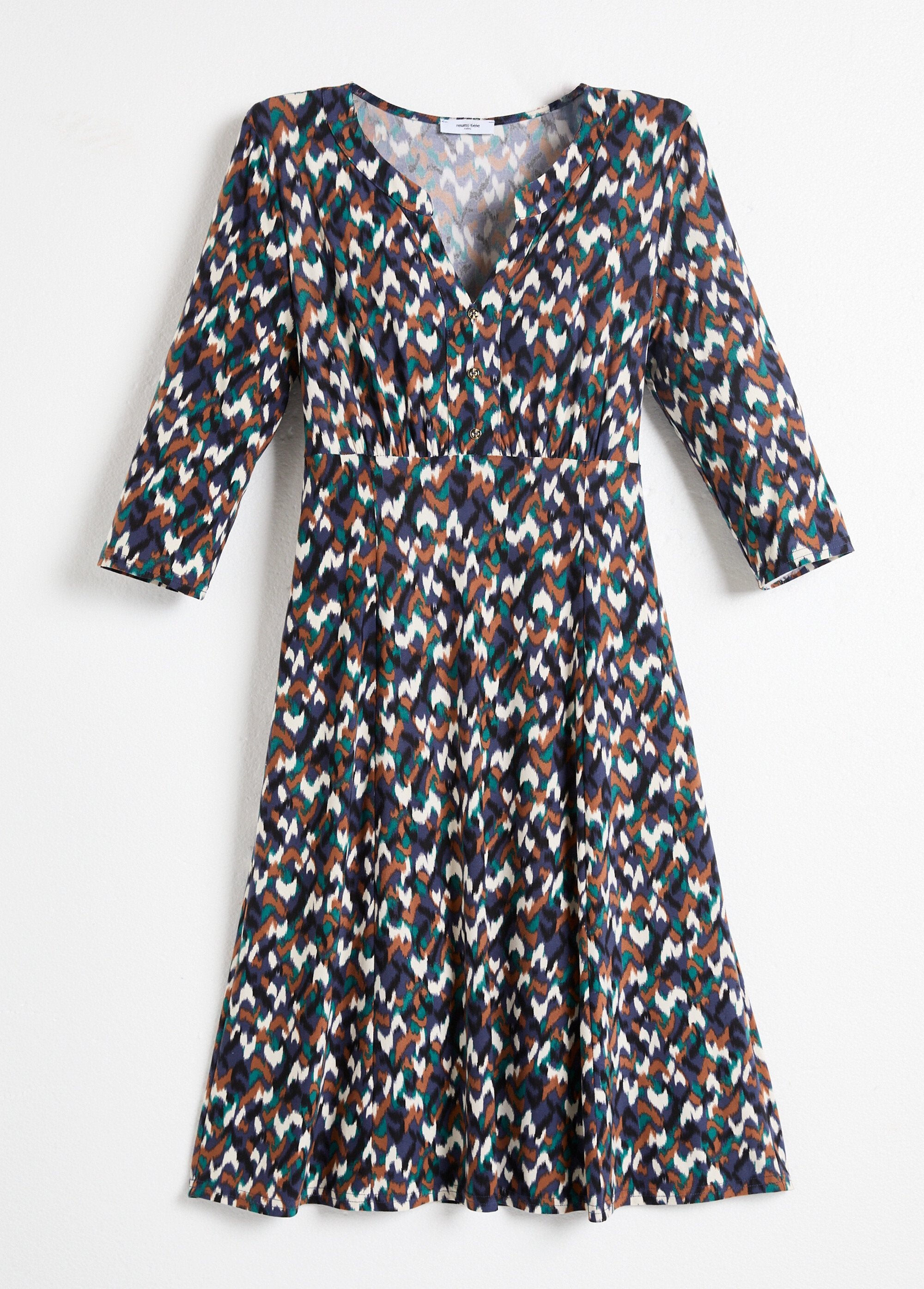 Robe_courte_évasée_manches_3/4_imprimé_graphique_Marine_et_vert_AP1_slim