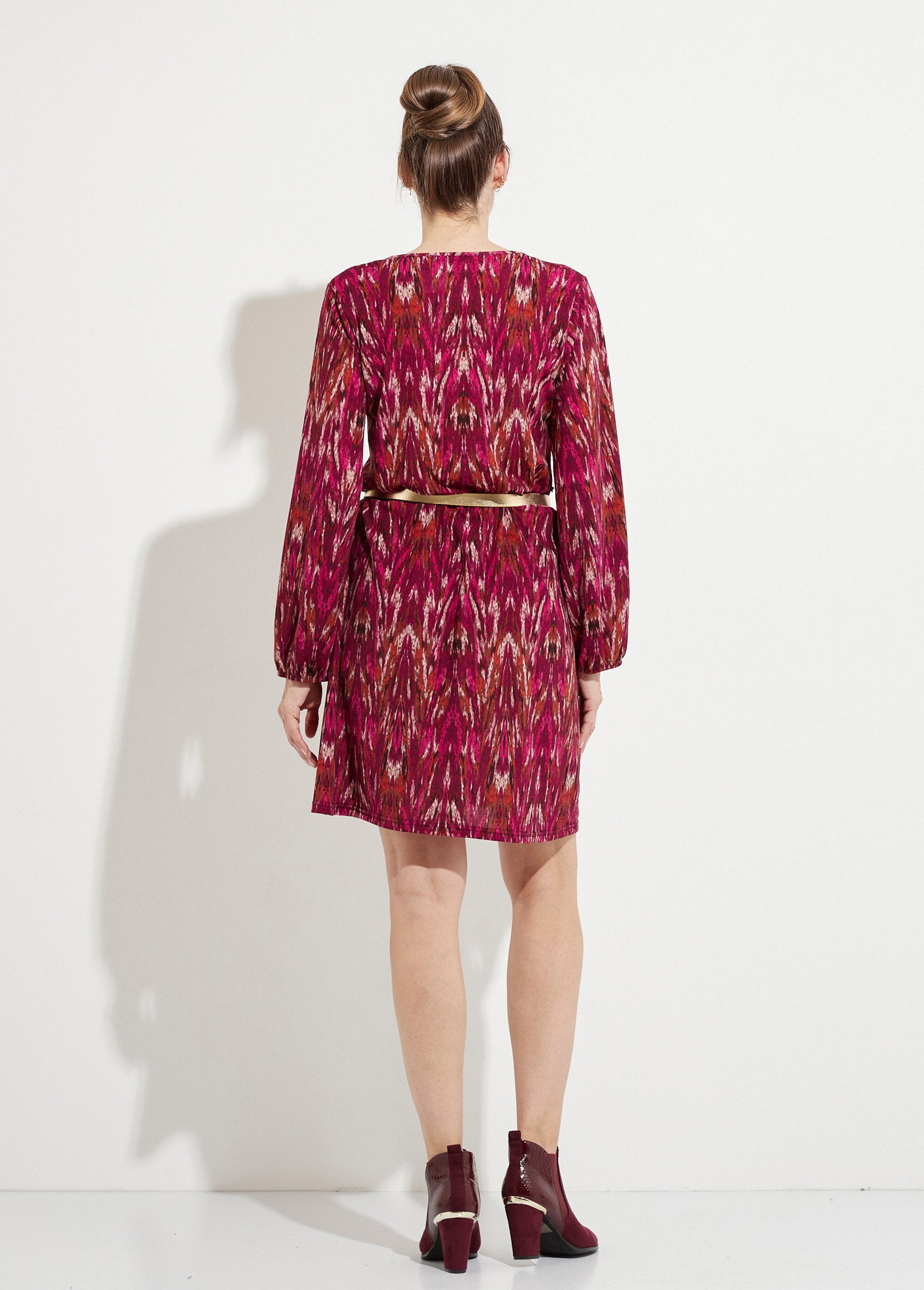 Robe_courte_imprimée_col_V_manches_longues_Cassis_et_beige_DO1_slim