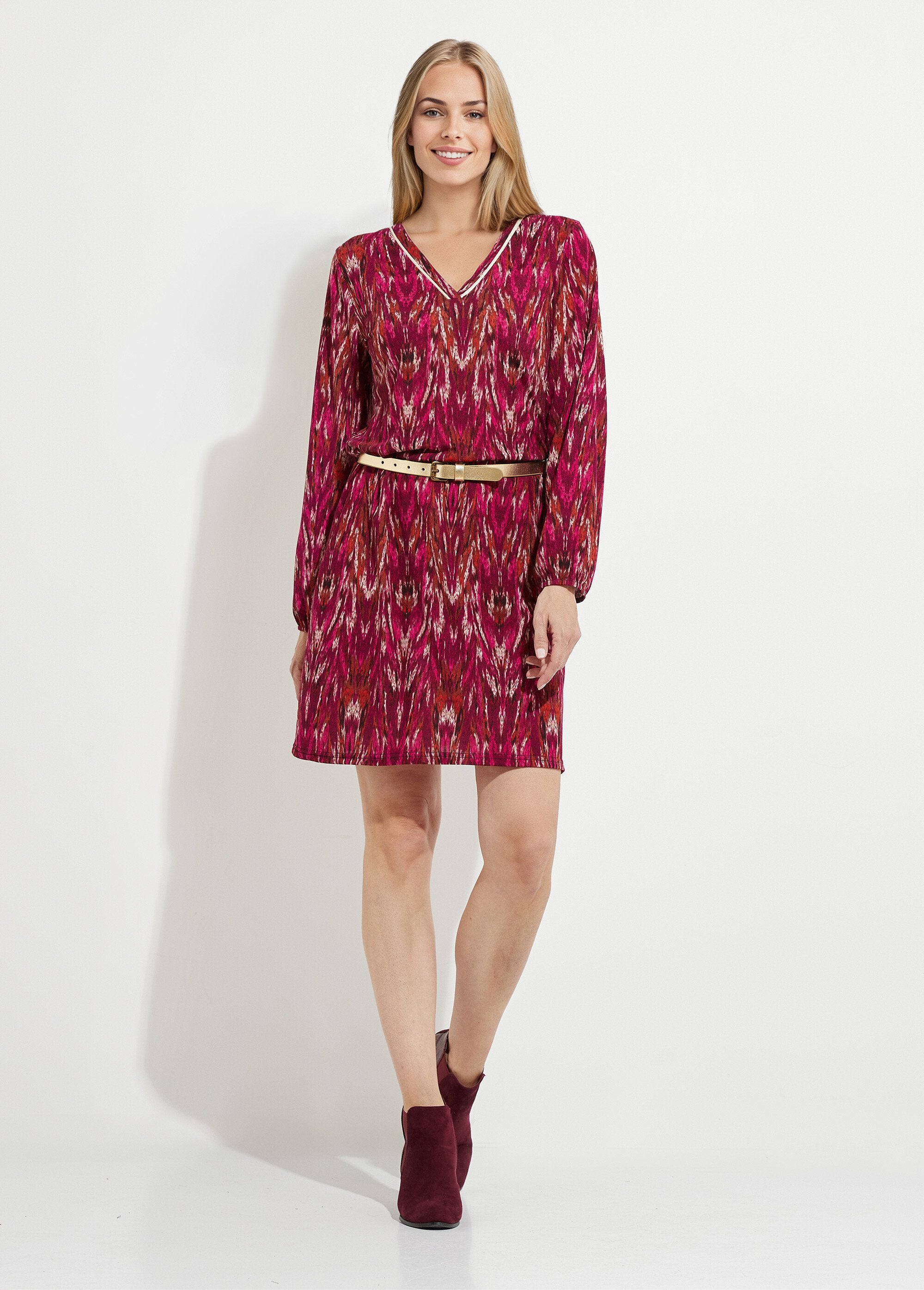 Robe_courte_imprimée_col_V_manches_longues_Cassis_et_beige_FA1_slim
