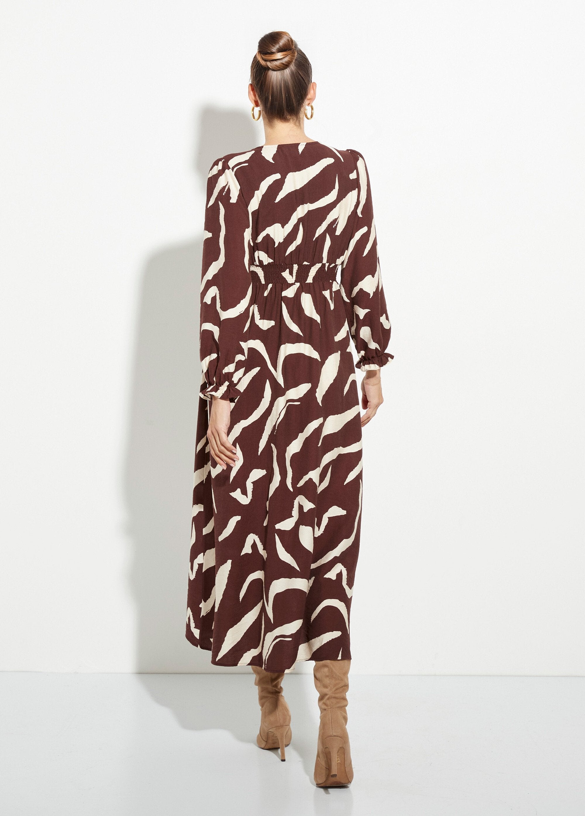 Robe_longue_imprimée_taille_plissée_col_V_Marron_DO1_slim