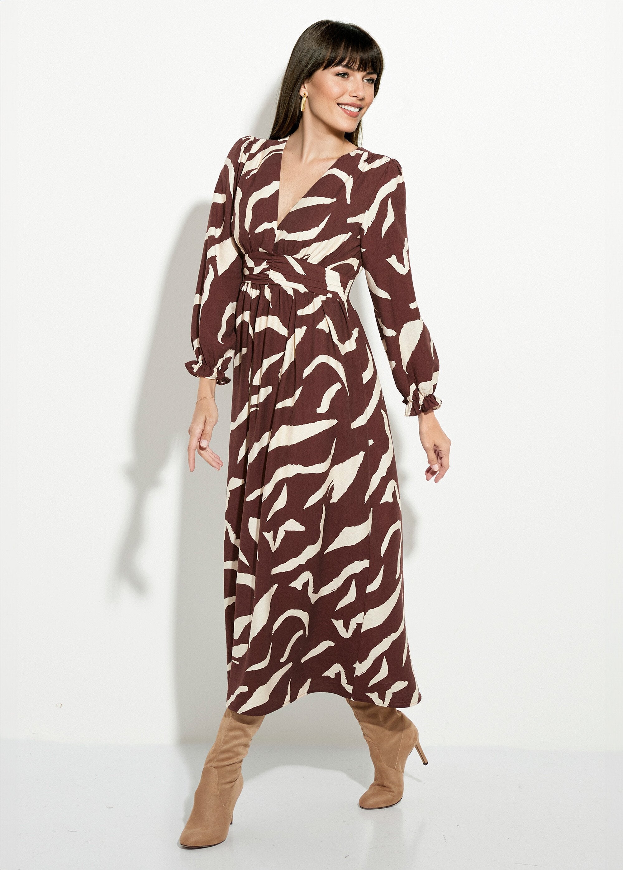 Robe_longue_imprimée_taille_plissée_col_V_Marron_FA1_slim