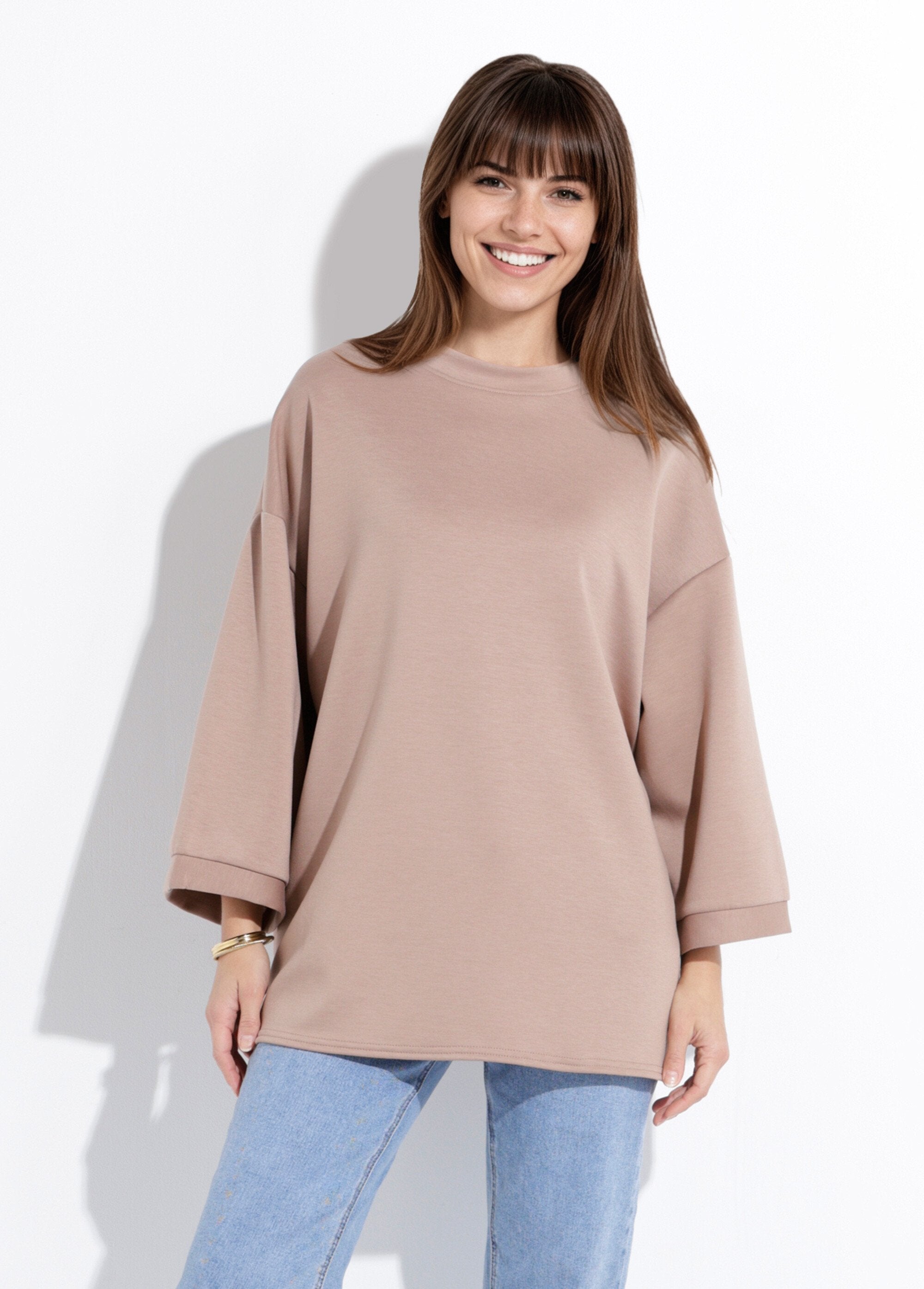 Camisola_grande_de_gola_redonda,_mangas_3/4_Taupe_FA1_slim