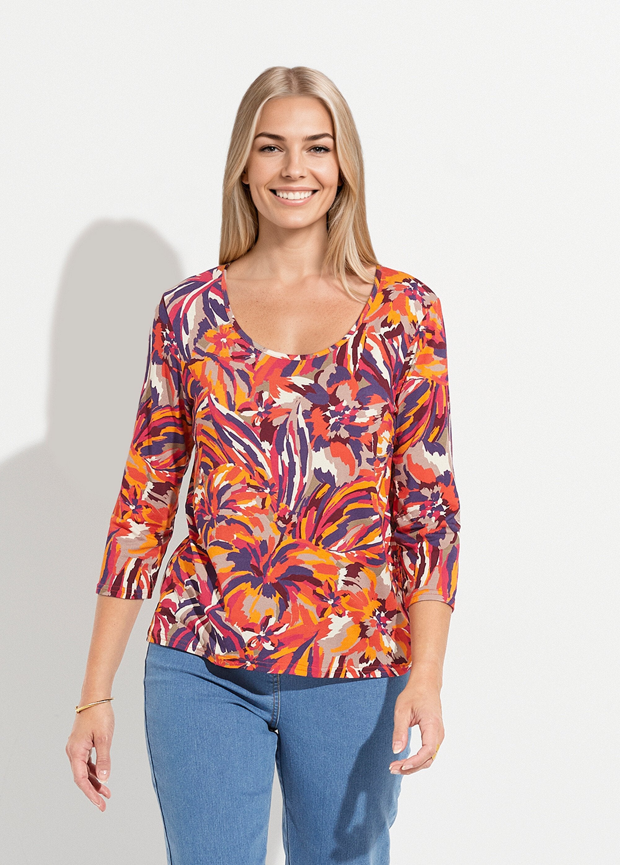 T-shirt_col_rond_manches_3/4_imprimé_Imprime_miel_FA1_slim