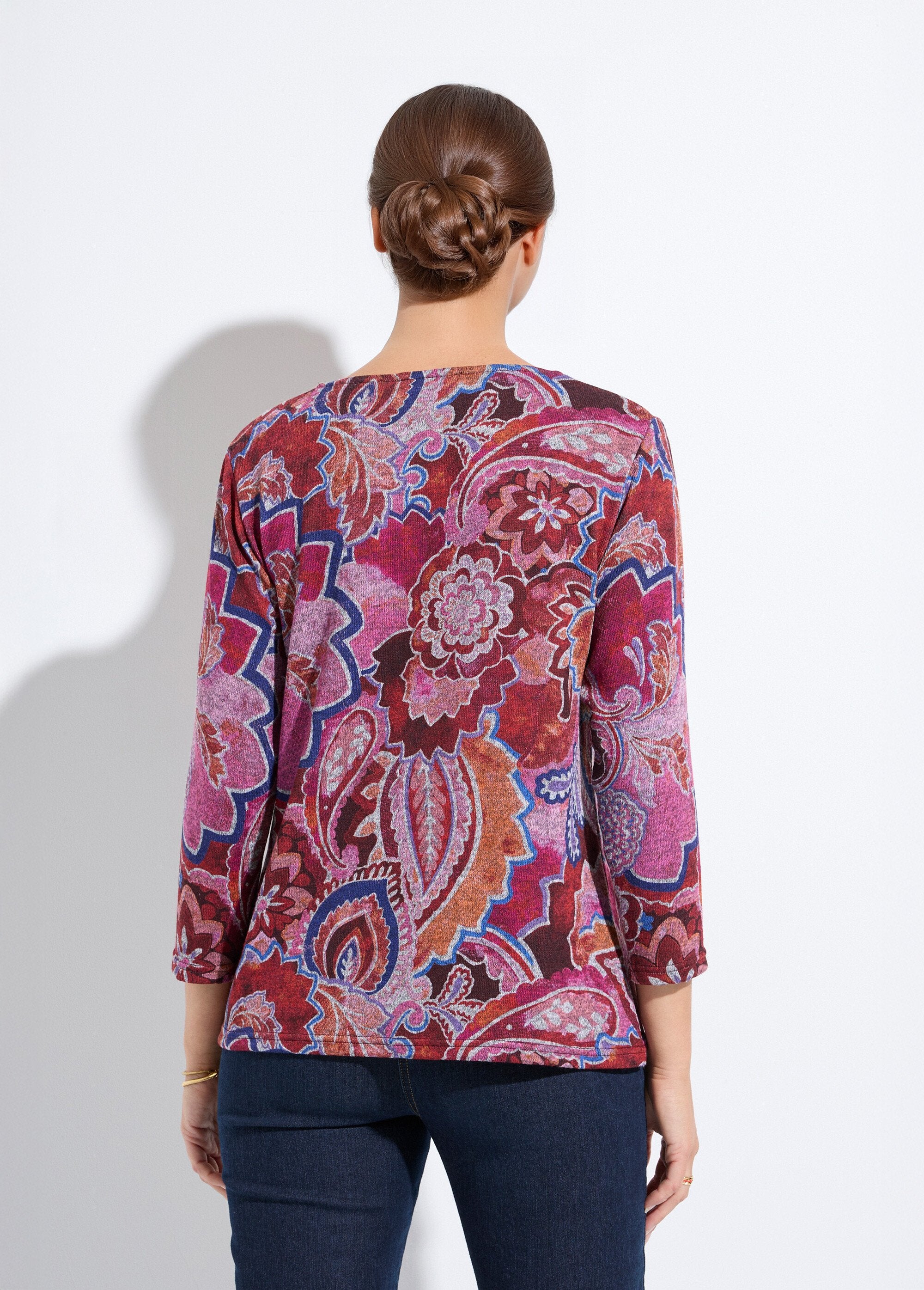 T-shirt_court_manches_3/4_imprimé_façon_cachemire_Imprime_rose_DO1_slim