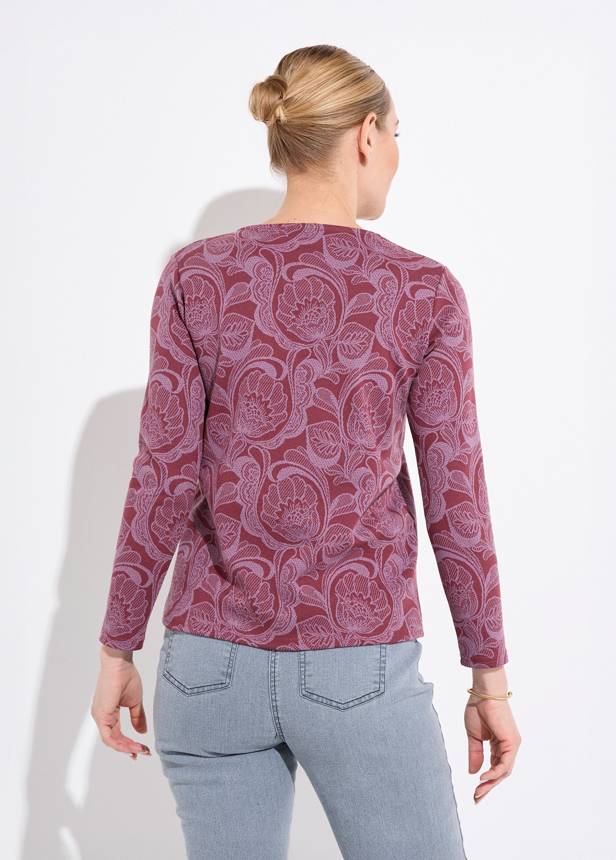 T-shirt_jacquard_fleuri_col_rond_Bordeaux_et_rose_DO1_slim