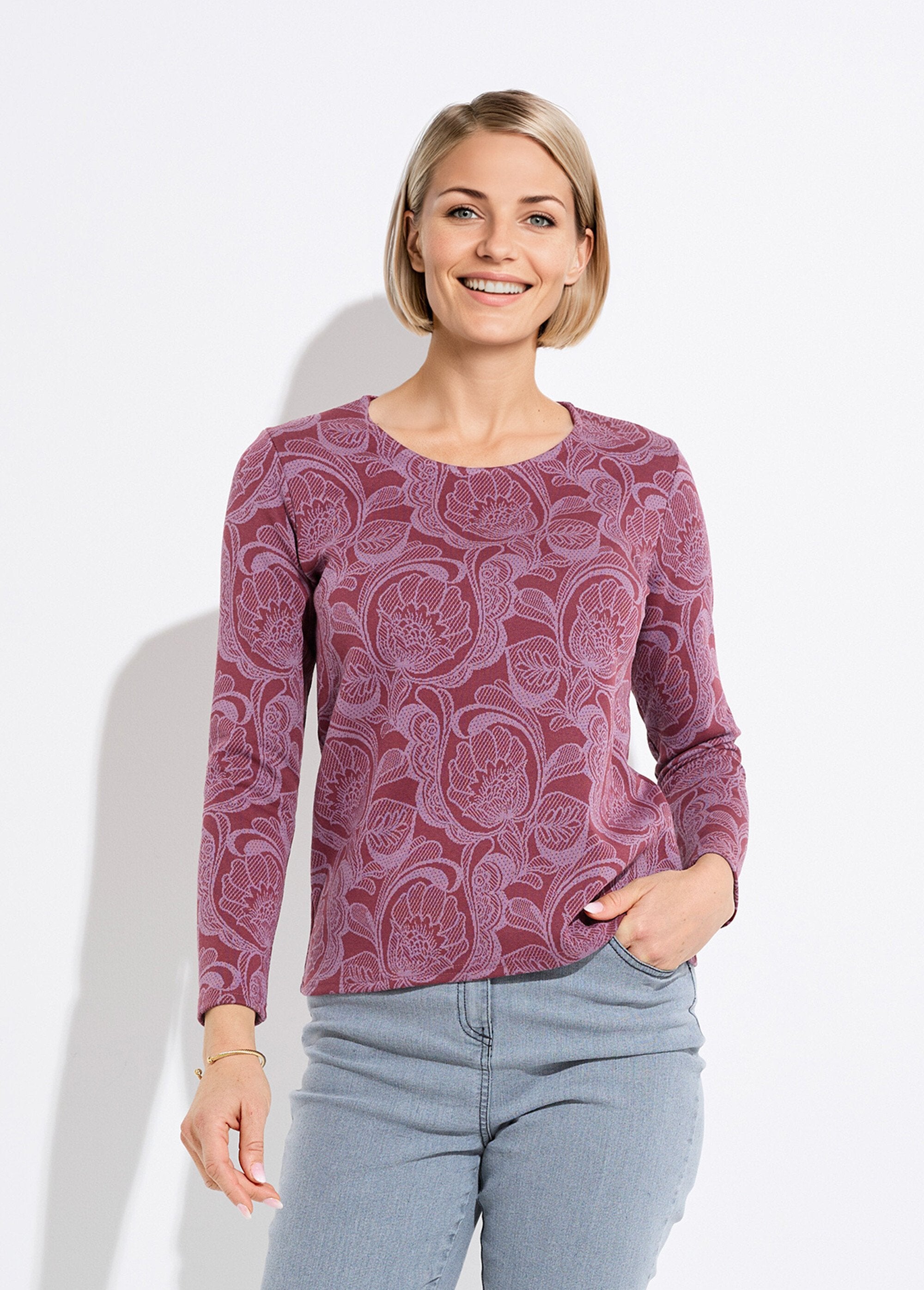 T-shirt_jacquard_fleuri_col_rond_Bordeaux_et_rose_FA1_slim