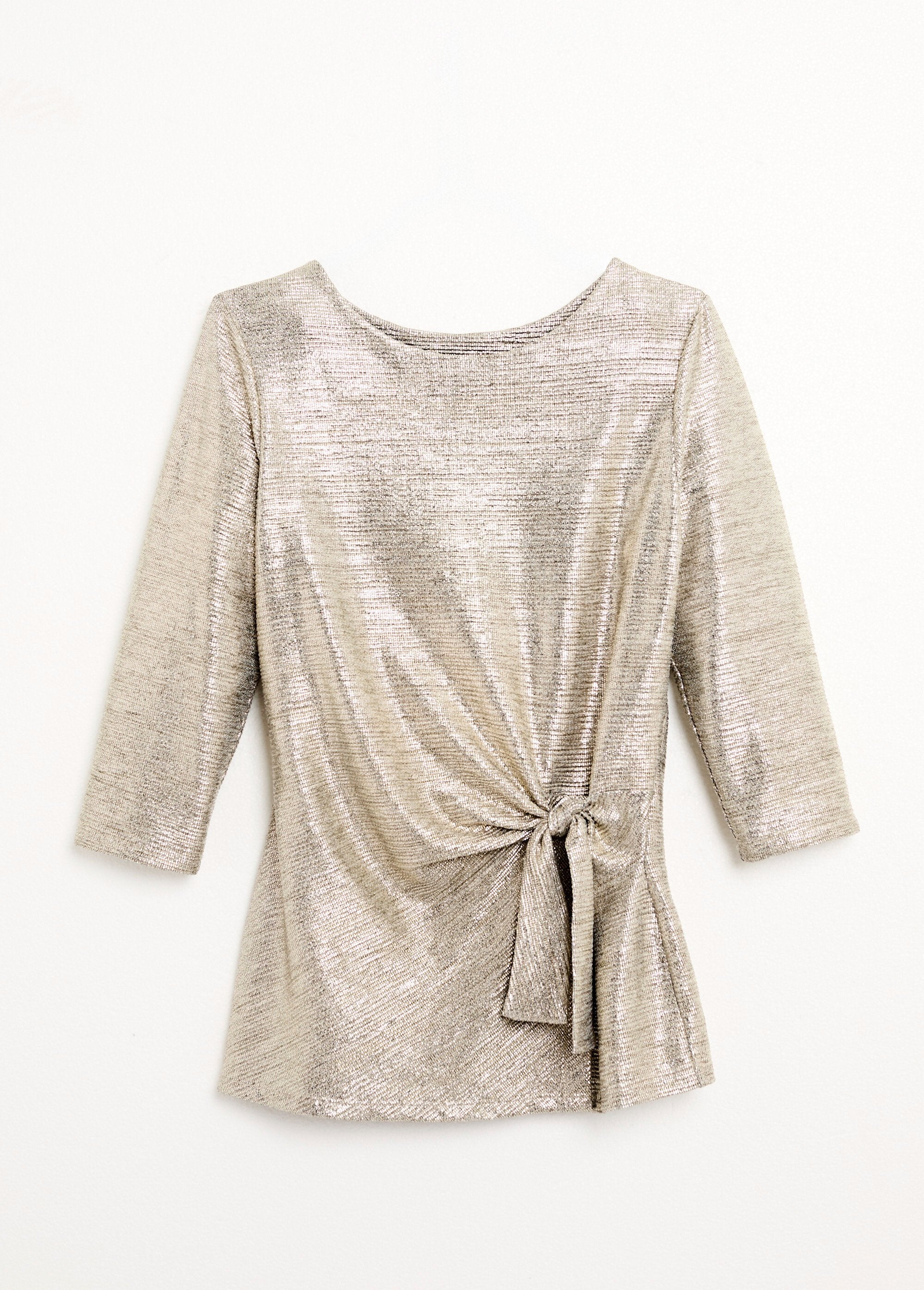 Camiseta_longa_dourada_com_efeito_nó_e_manga_3/4_Dore_AP1_slim