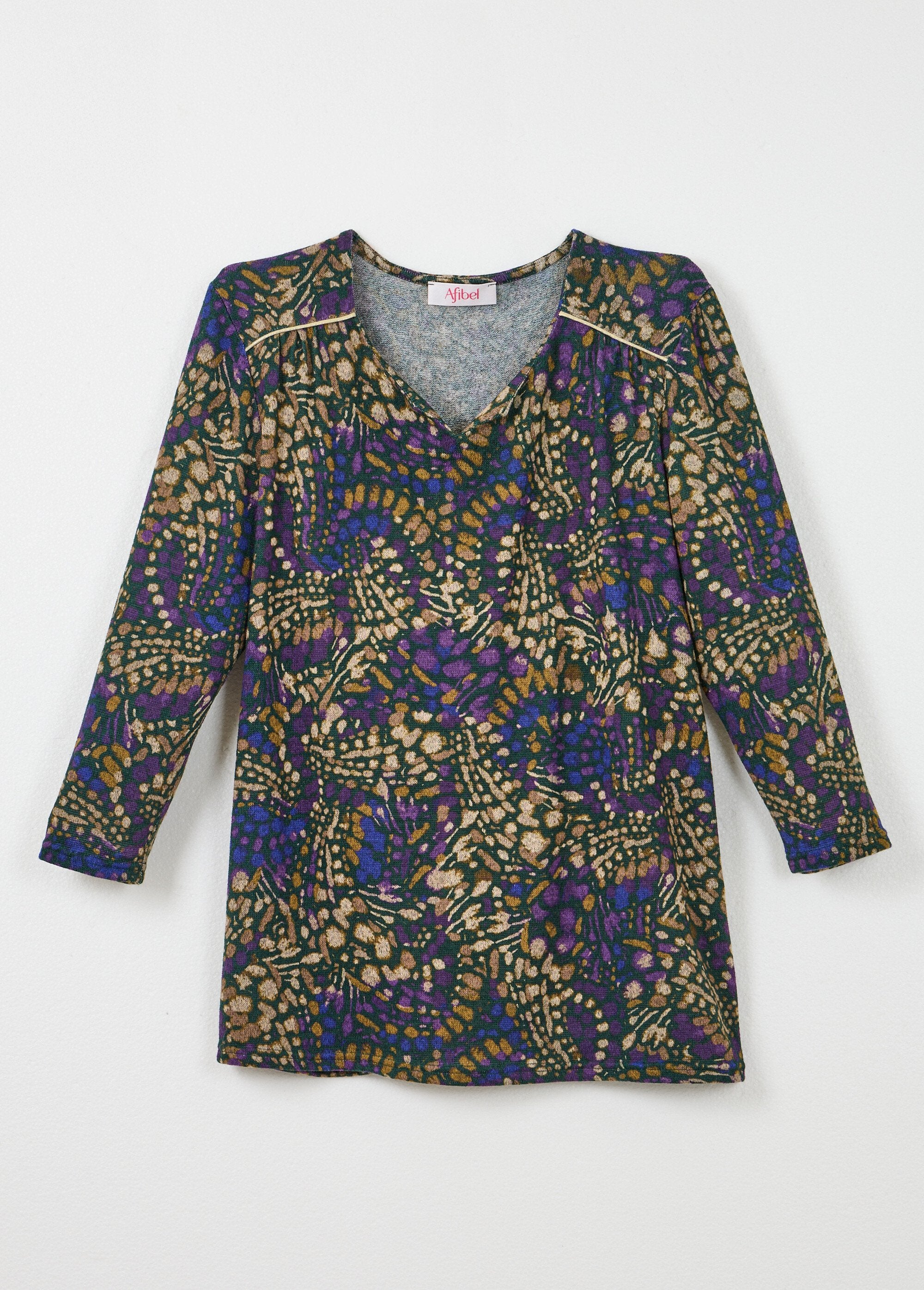 T-shirt_comprida,_mangas_3/4,_estampado_tachista_Violet_et_beige_AP1_slim