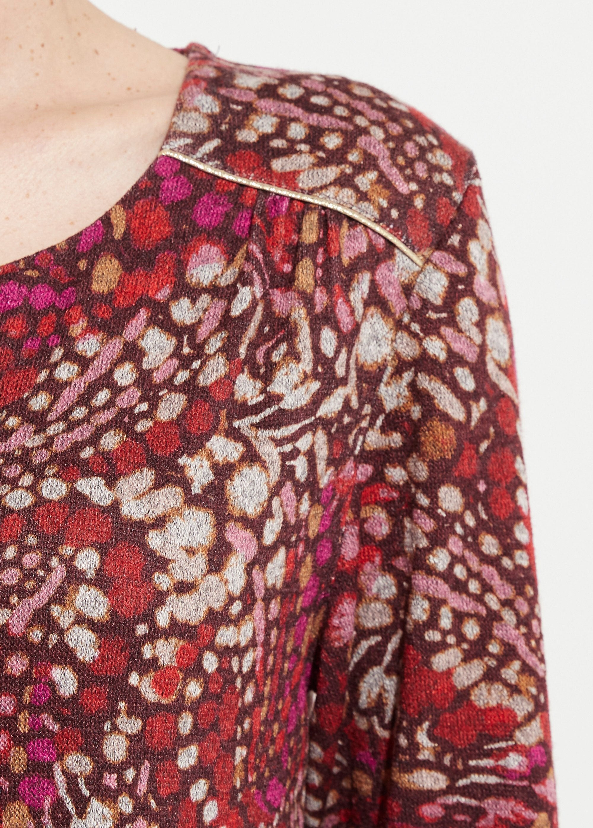 T-shirt_long_évasé_manches_3/4_imprimé_tachiste_Bordeaux_et_rose_DE2_slim